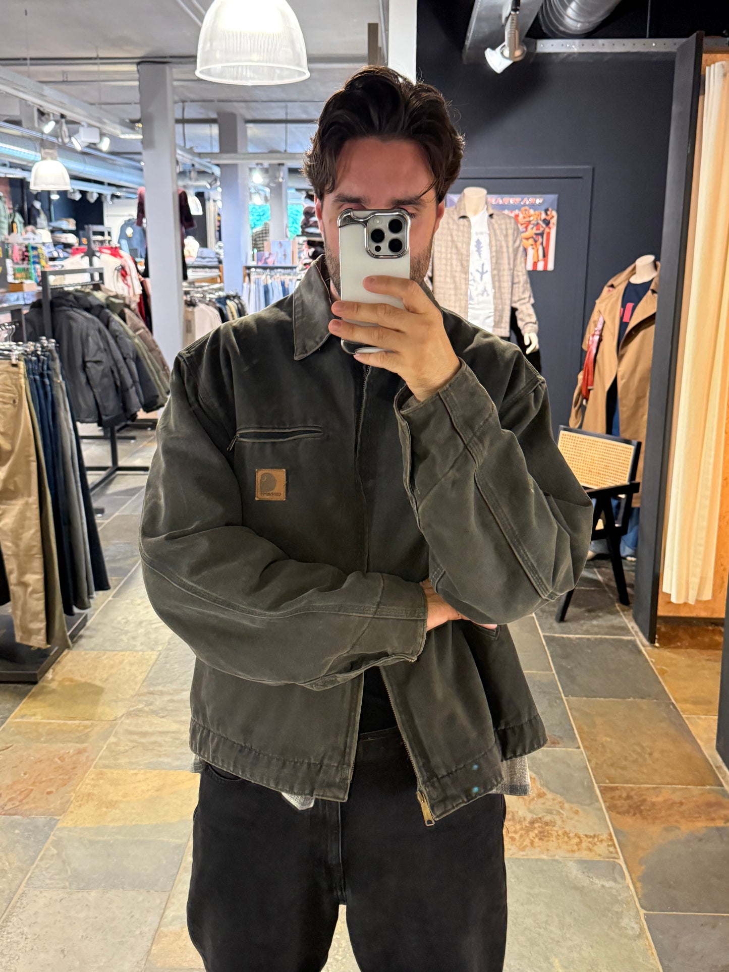 Rare 1990s Carhartt Detroit Jacket J97 PTL faded dark green / contrast collar (size XL) (size X-Large regular)