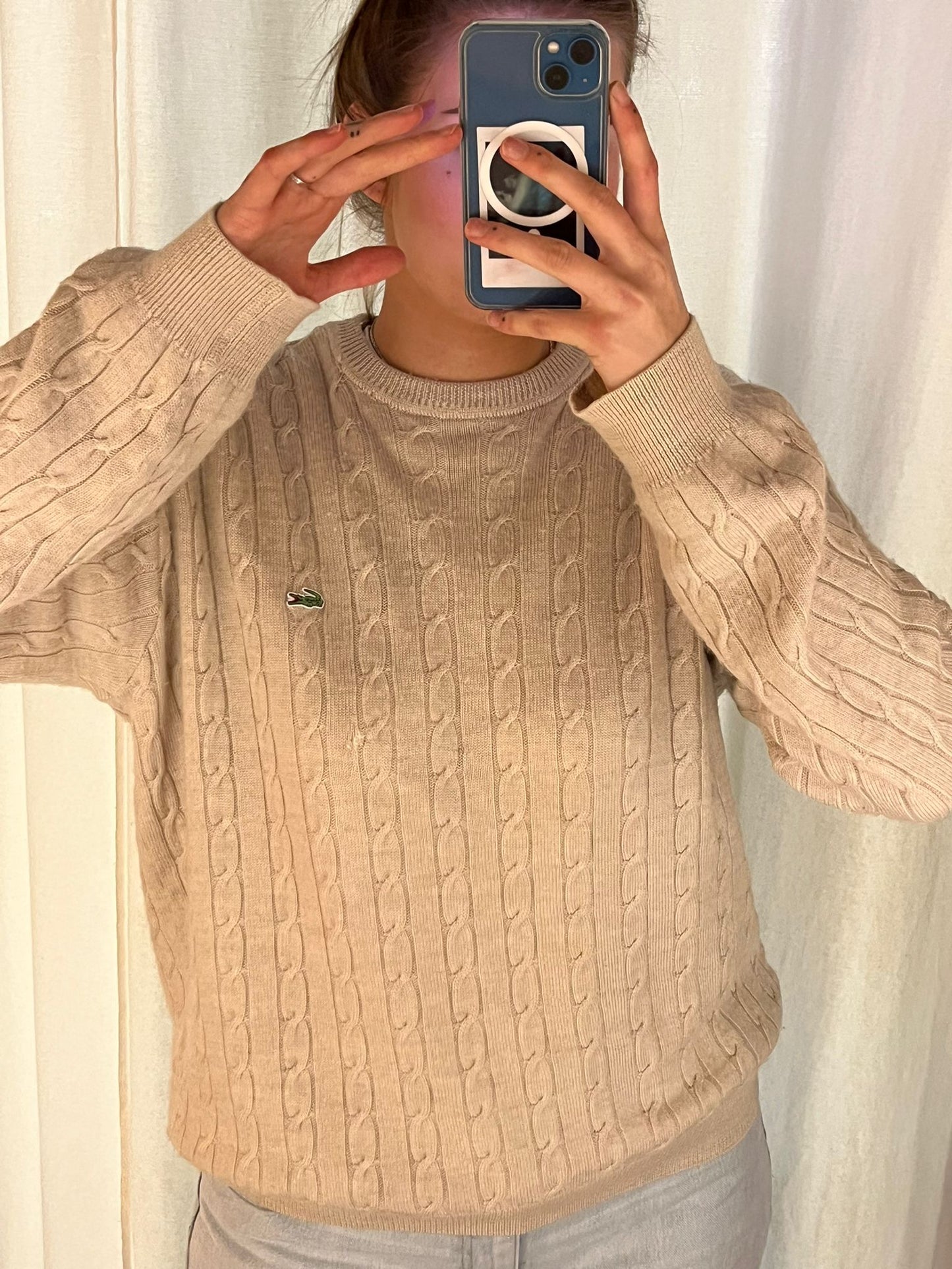 CRÉME/BEIGE VINTAGE LACOSTE LOGO CABLE KNIT (5 / Medium)