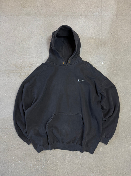 Rare Late 1990s Washed Black Made in USA Nike Swoosh Embroidery Logo Hoodie (XXL)