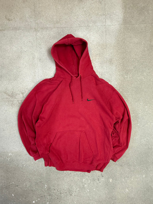 Late 90s Faded Raspberry Washed Red Nike Swoosh Embroidery Logo Hoodie (XL)