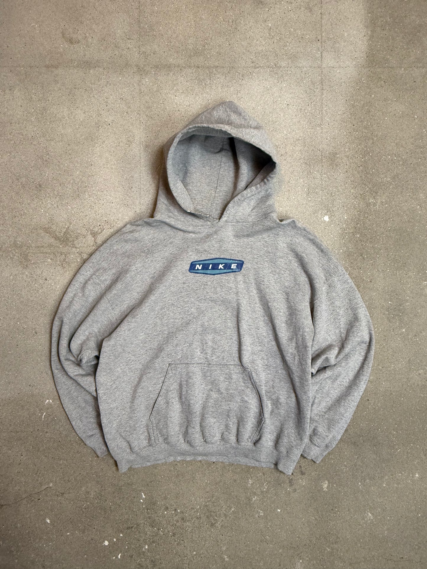 90s Heather Grey Nike blue spellout centre logo Hoodie (XL)