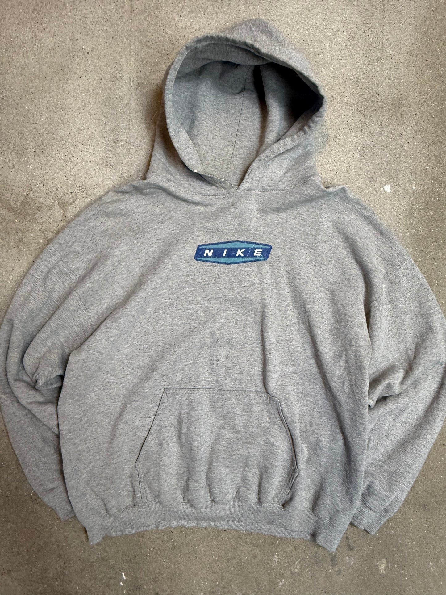 90s Heather Grey Nike blue spellout centre logo Hoodie (XL)