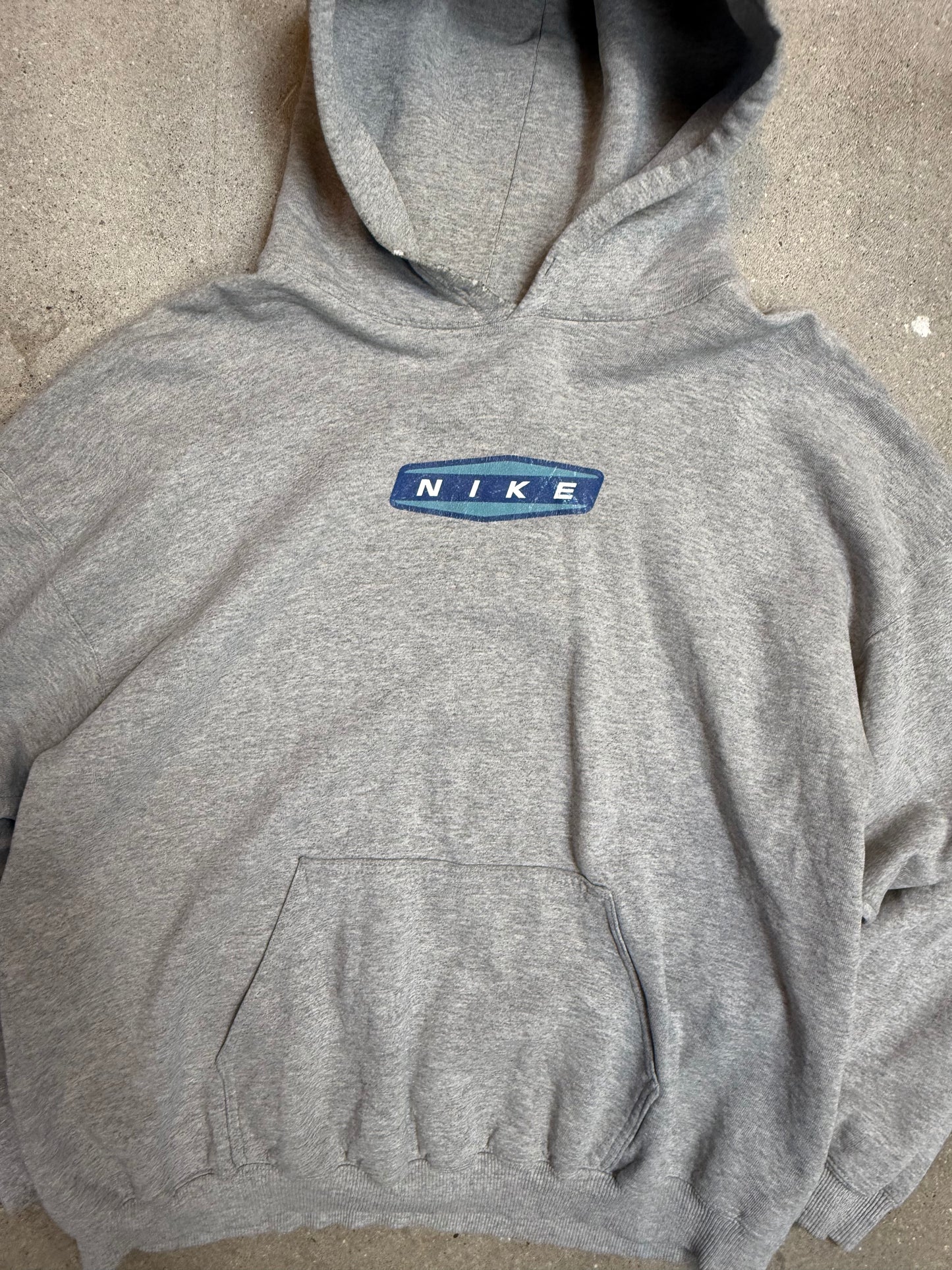 90s Heather Grey Nike blue spellout centre logo Hoodie (XL)