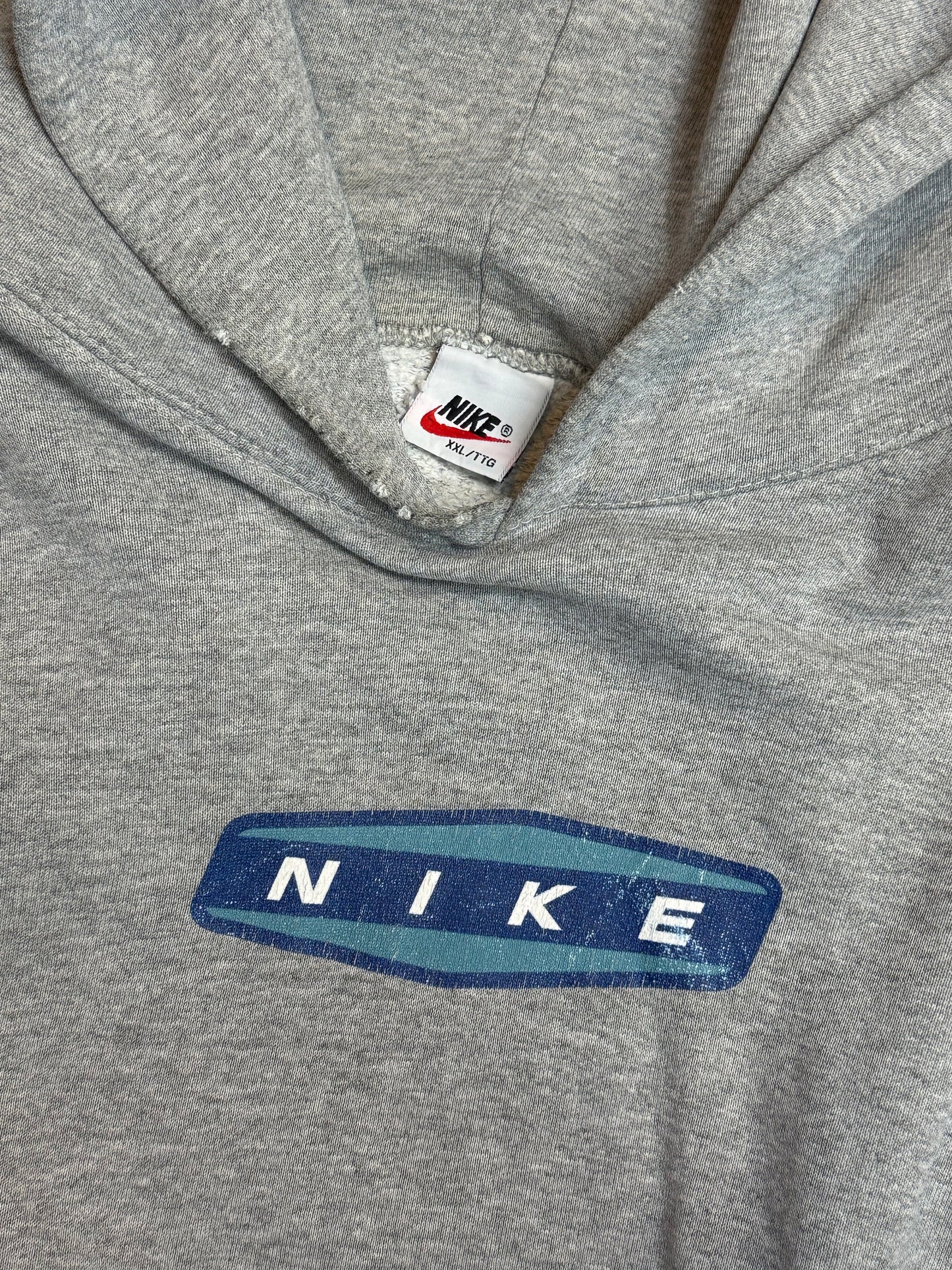 90s Heather Grey Nike blue spellout centre logo Hoodie (XL)