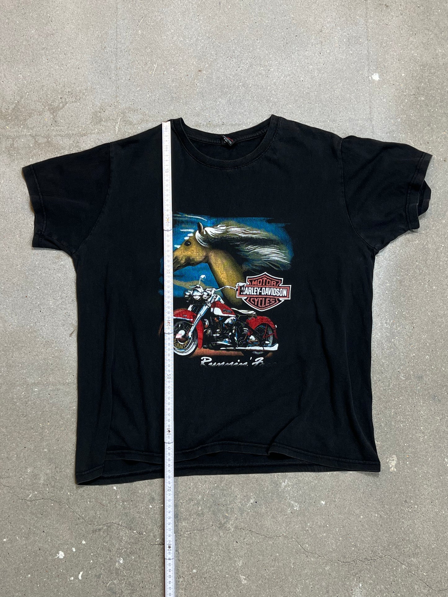 VERFASSENES SCHWARZES HARLEY DAVIDSON T-Shirt „RUNNIN FREE“ (Etikett XXLARGE – passend für XL)
