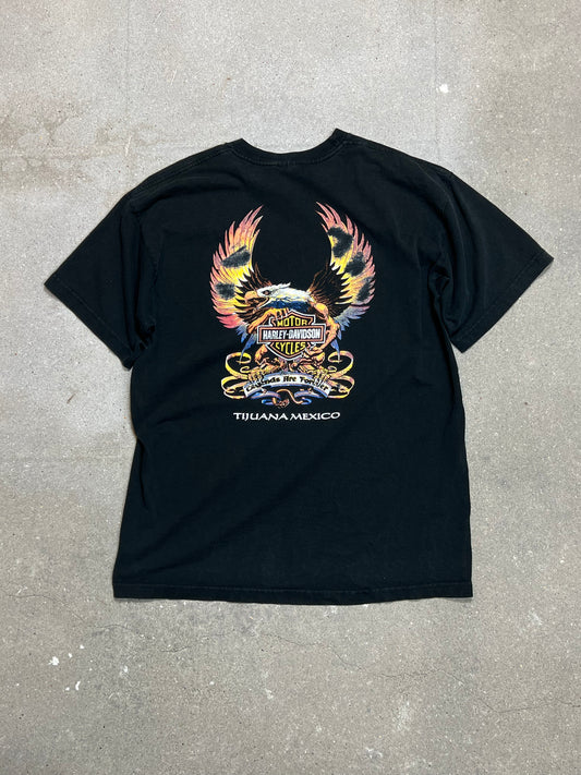 FADED BLACK HARLEY DAVIDSON TIJUANA MEXICO "LEGENDS ARE FOREVER" TEE (LARGE)