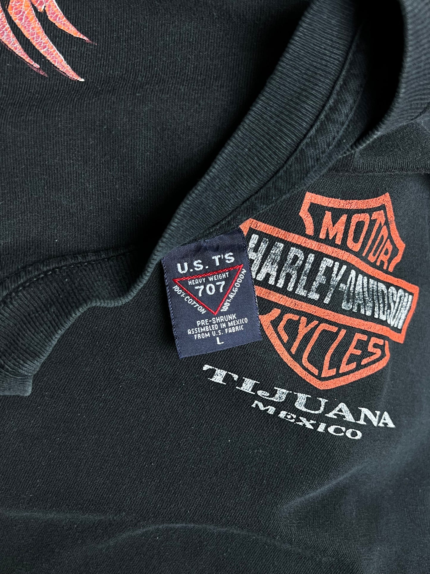 VERFASSENES SCHWARZES HARLEY DAVIDSON TIJUANA MEXICO T-Shirt „LEGENDS ARE FOREVER“ (GROSS)