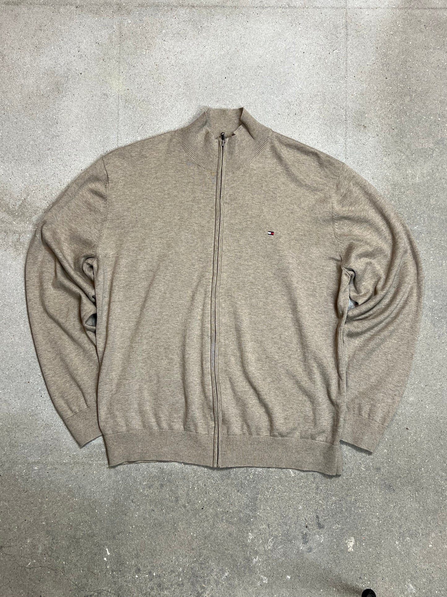 BEIGE SAND VINTAGE TOMMY HILFIGER COTTON ZIP-KNIT CARDIGAN (XLARGE)
