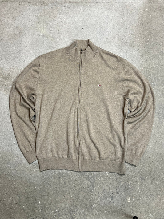 BEIGE SAND VINTAGE TOMMY HILFIGER COTTON ZIP-KNIT CARDIGAN (XLARGE)