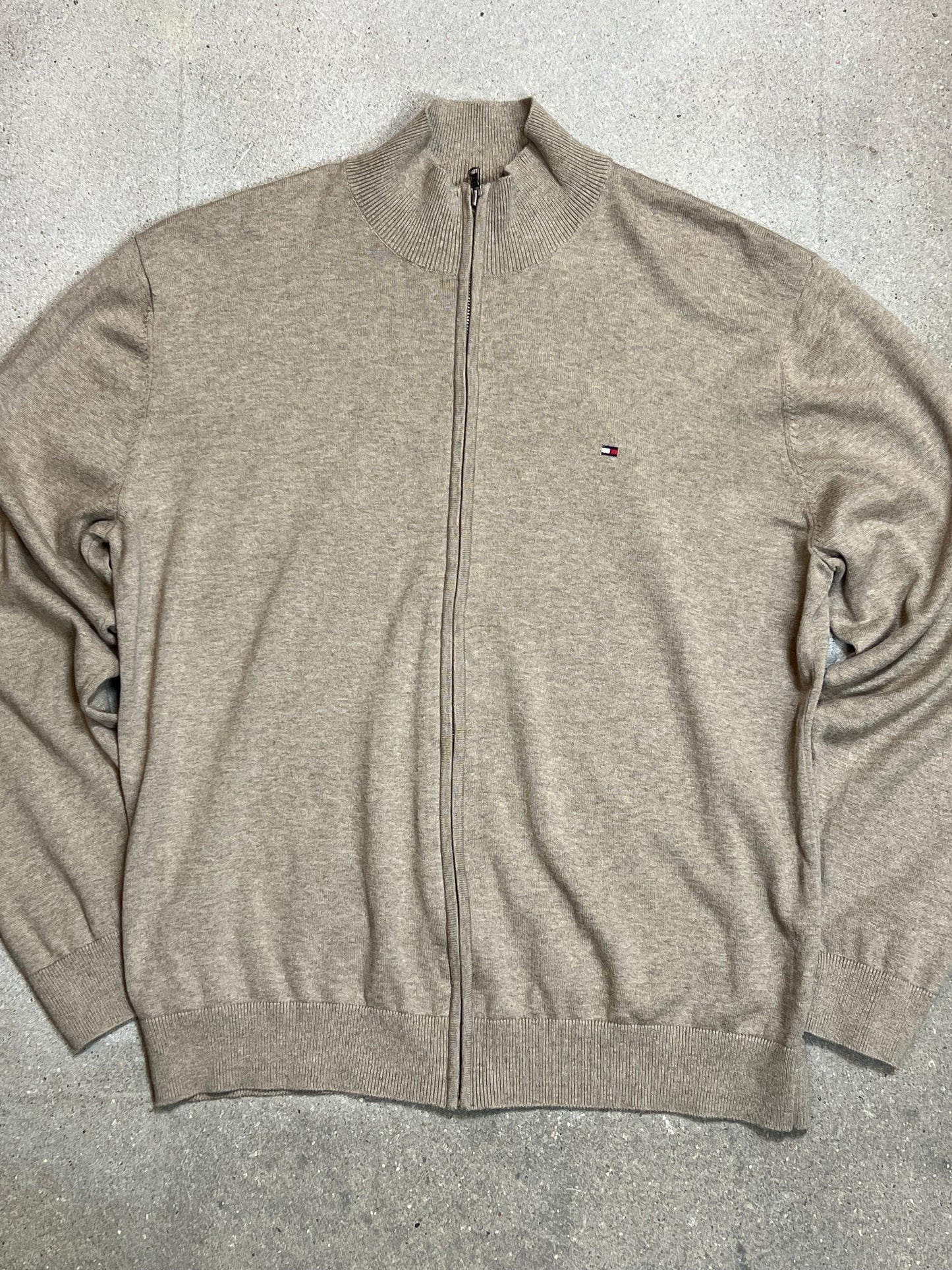 BEIGE SAND VINTAGE TOMMY HILFIGER COTTON ZIP-KNIT CARDIGAN (XLARGE)