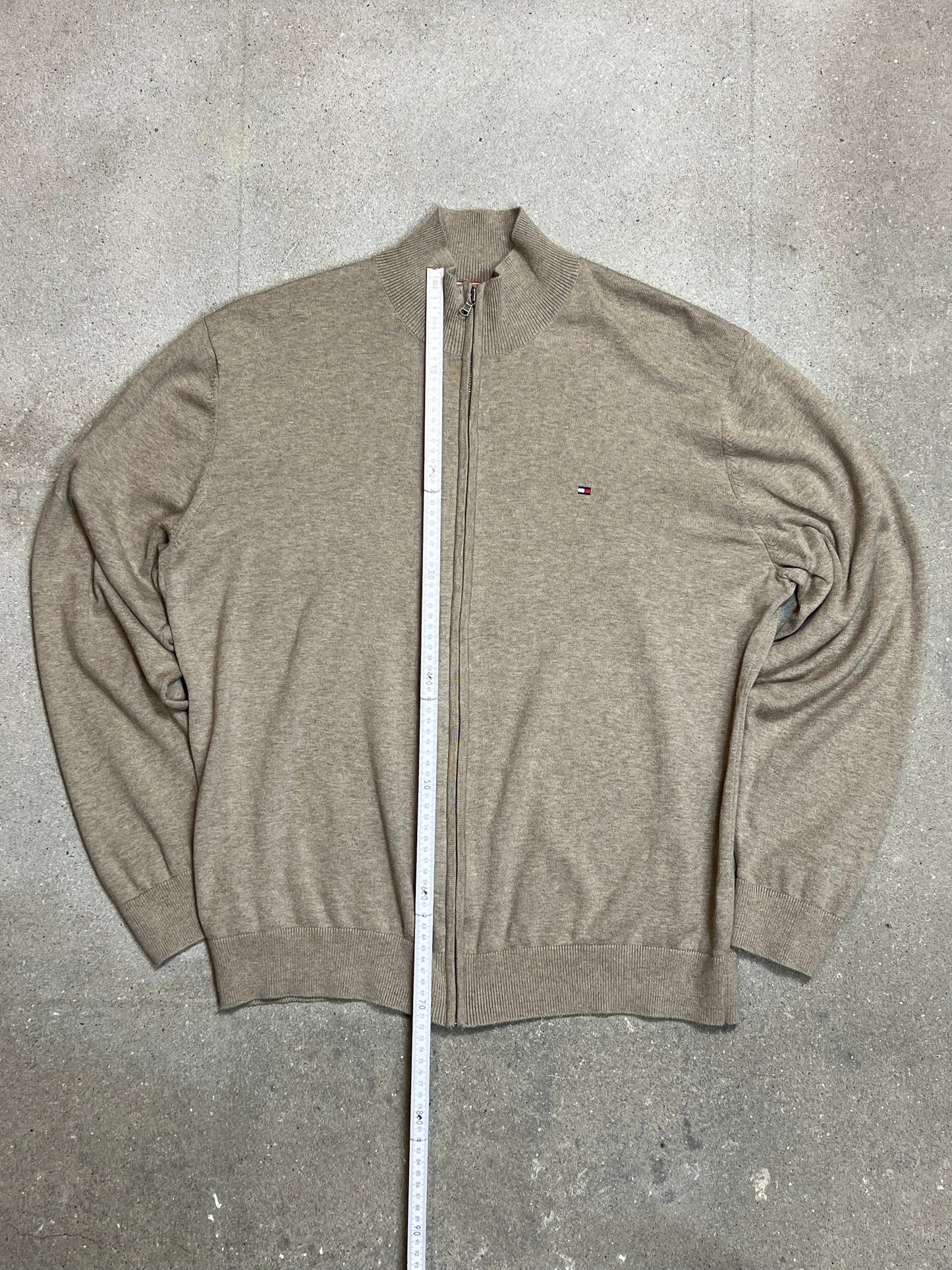 BEIGE SAND VINTAGE TOMMY HILFIGER COTTON ZIP-KNIT CARDIGAN (XLARGE)