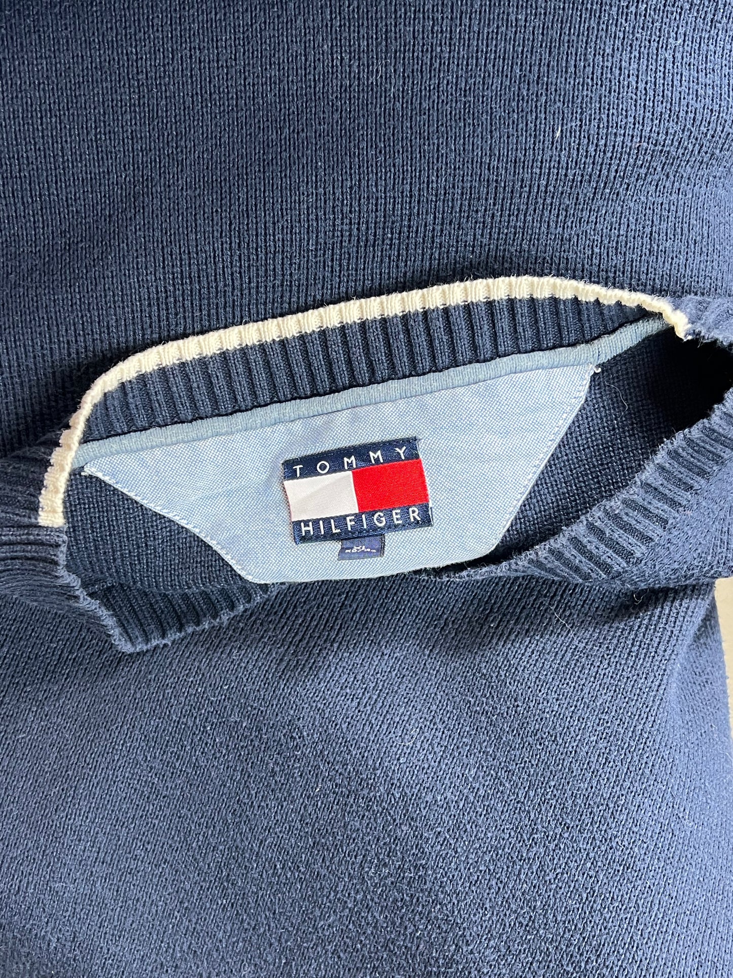 NAVY 90s VINTAGE TOMMY HILFIGER V-NECK COTTON KNIT (XL)