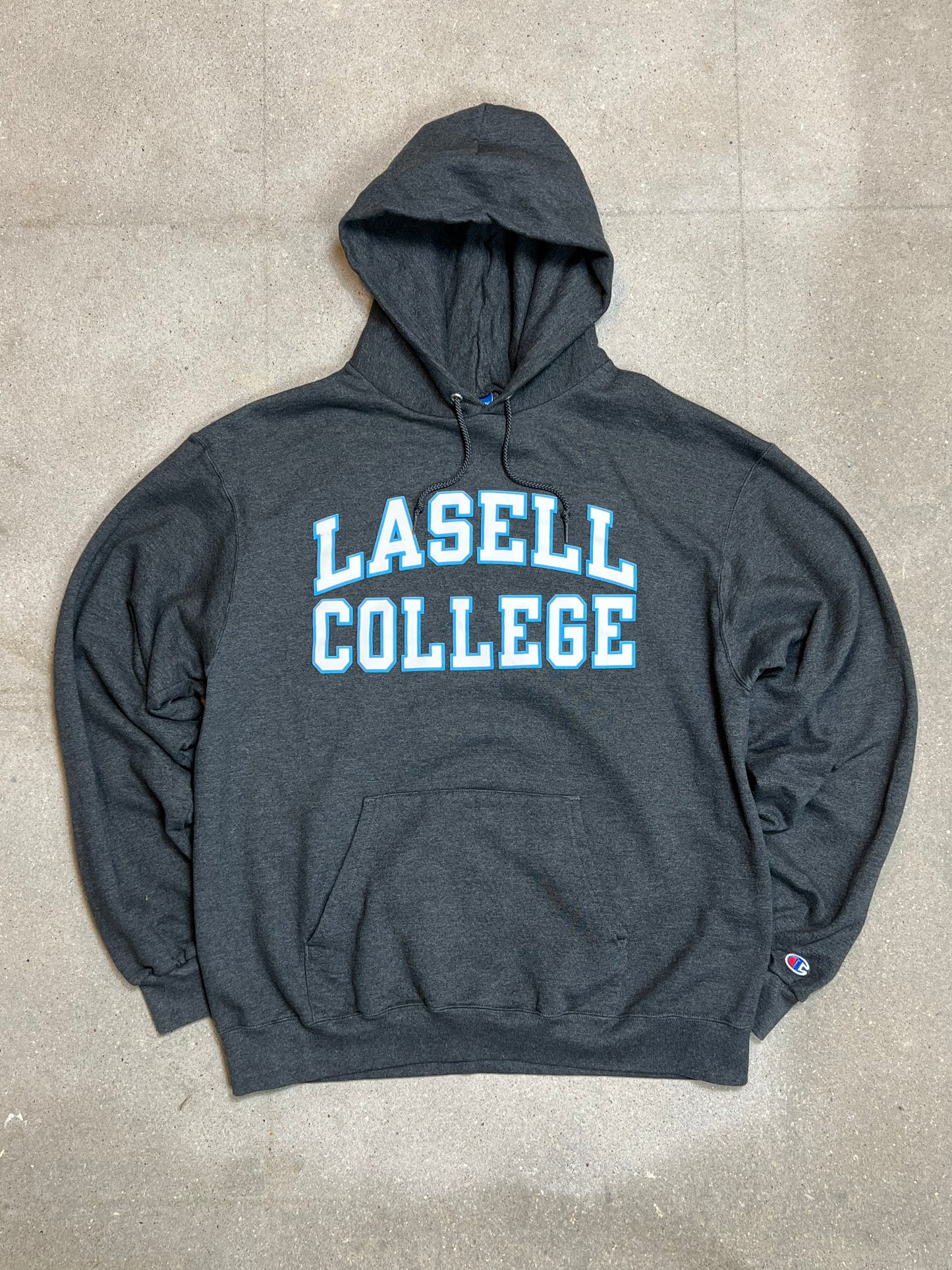 GREY VINTAGE CHAMPION USA VARSITY LASELL COLLEGE HOODIE (XL)