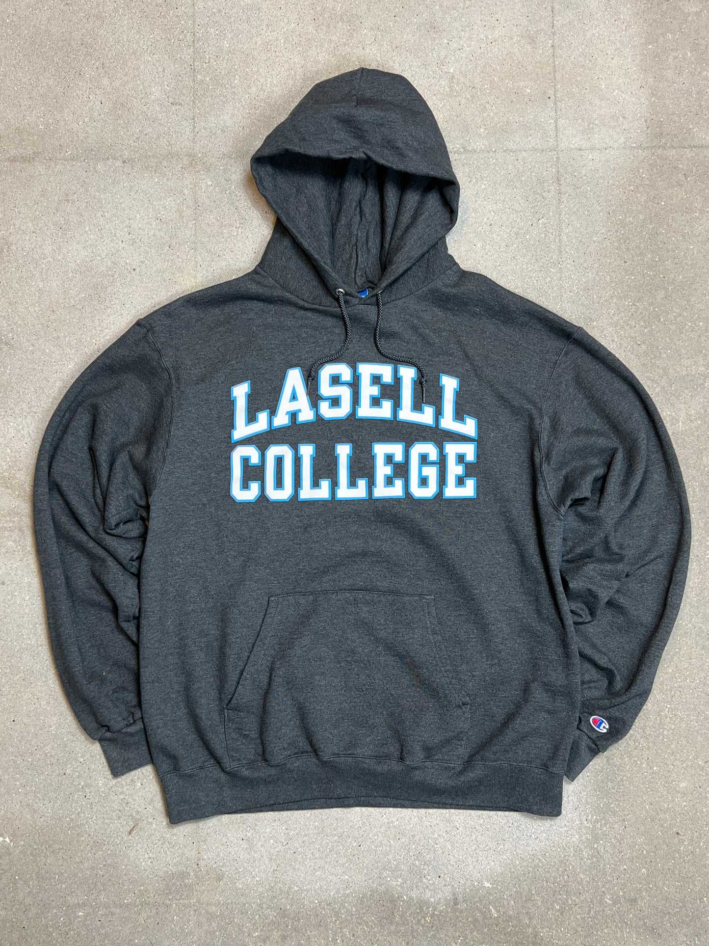 GREY VINTAGE CHAMPION USA VARSITY LASELL COLLEGE HOODIE (XL)
