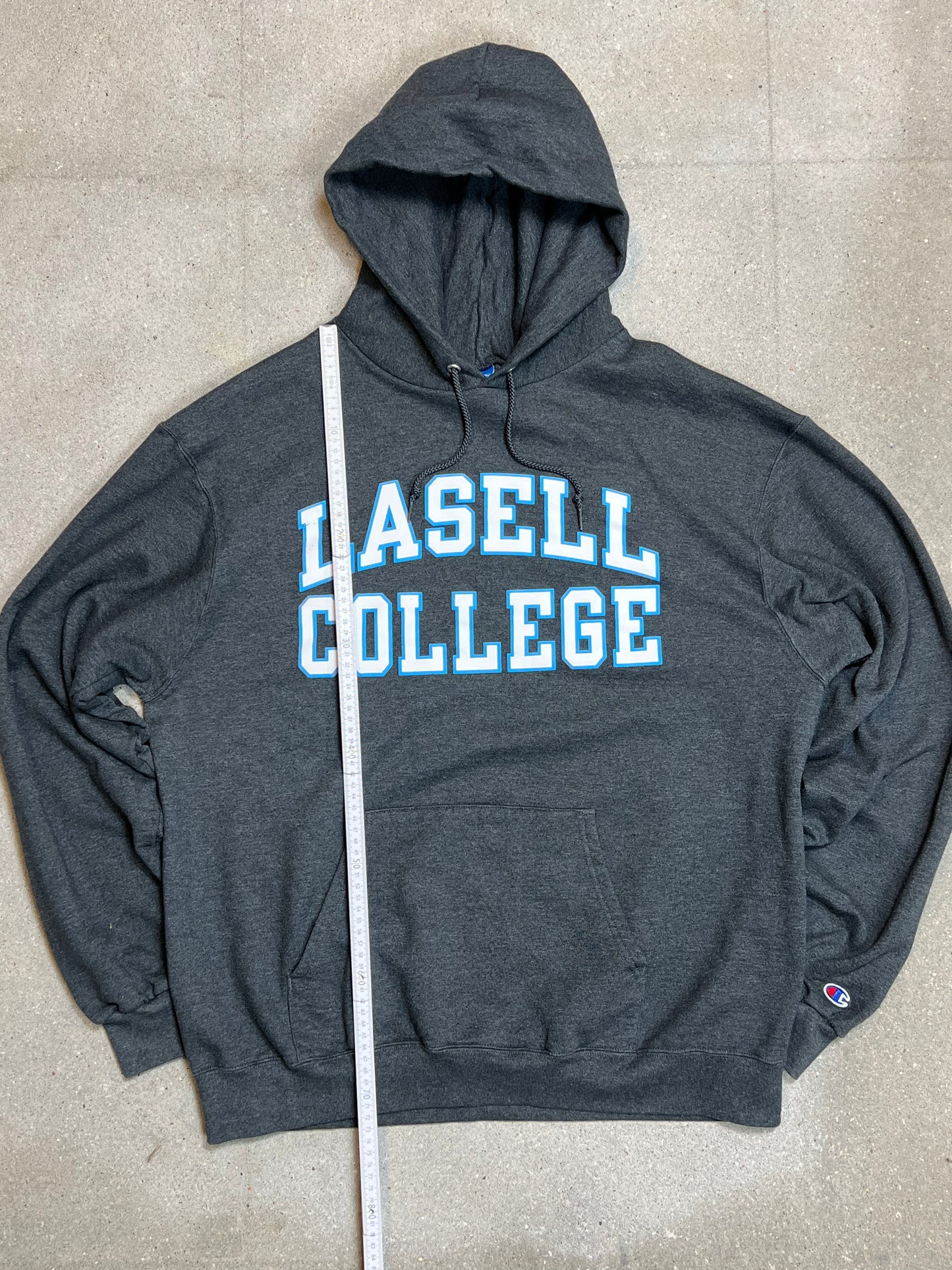GREY VINTAGE CHAMPION USA VARSITY LASELL COLLEGE HOODIE (XL)