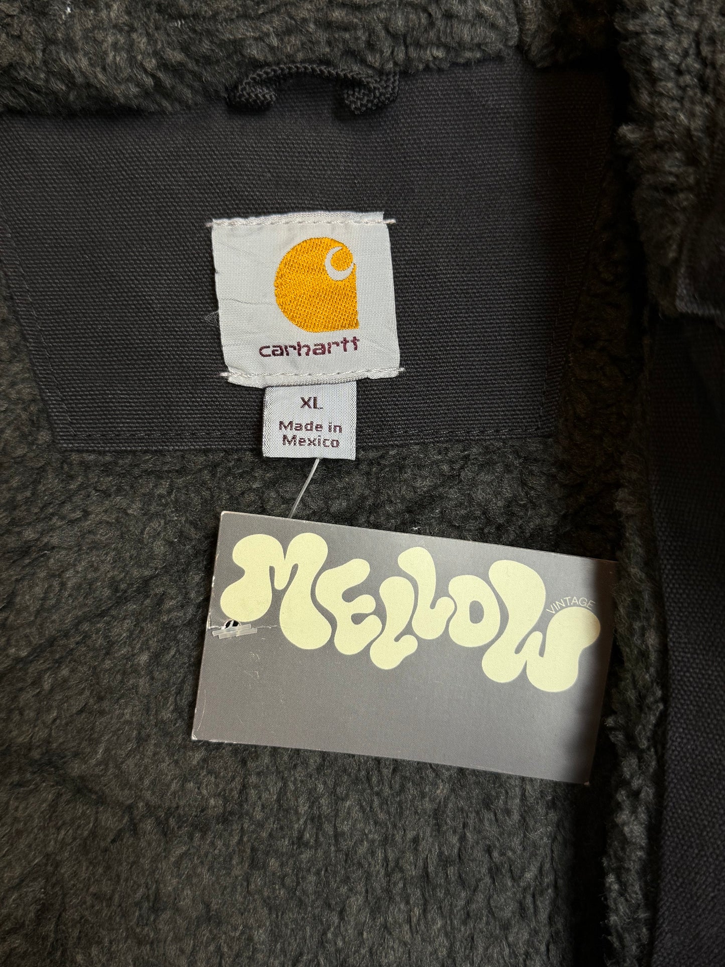 1990s Carhartt J141-BLK Mens Black Sherpa Lined Work Hooded Active Jacket (size XL Regular) Made in Mexico