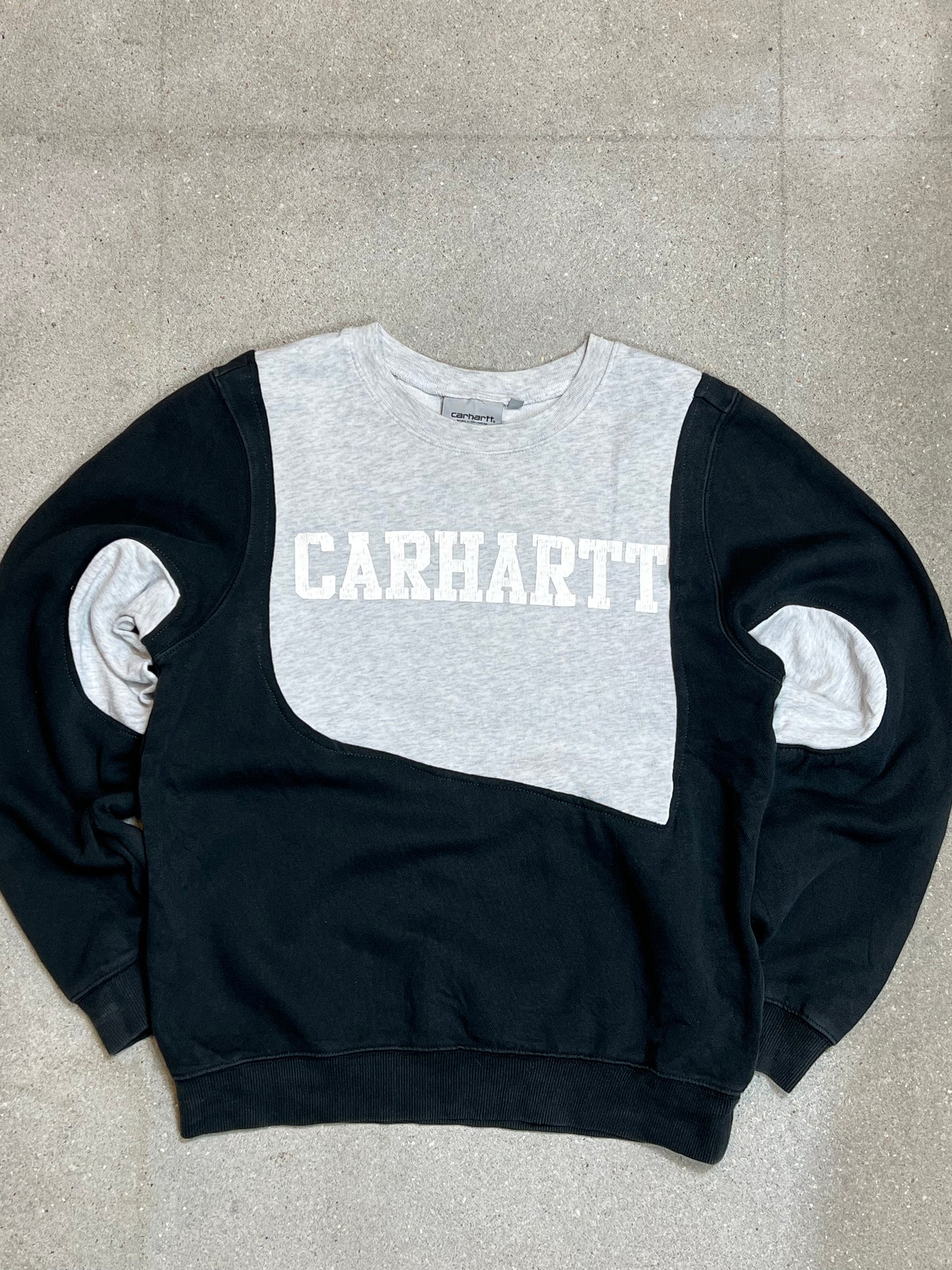 BLACK GREY VINTAGE CARHARTT SPELLOUT RENEWED UPCYCLED SWEATSHIRT (SMALL)