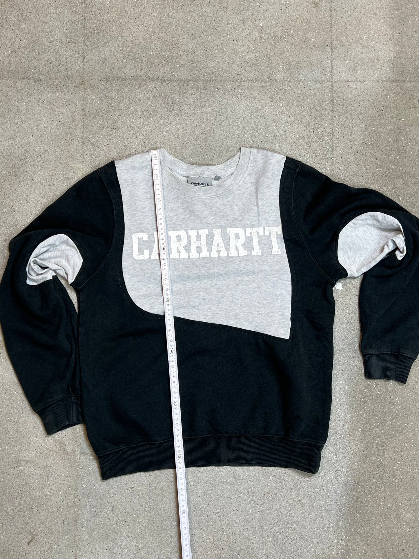 BLACK GREY VINTAGE CARHARTT SPELLOUT RENEWED UPCYCLED SWEATSHIRT (SMALL)