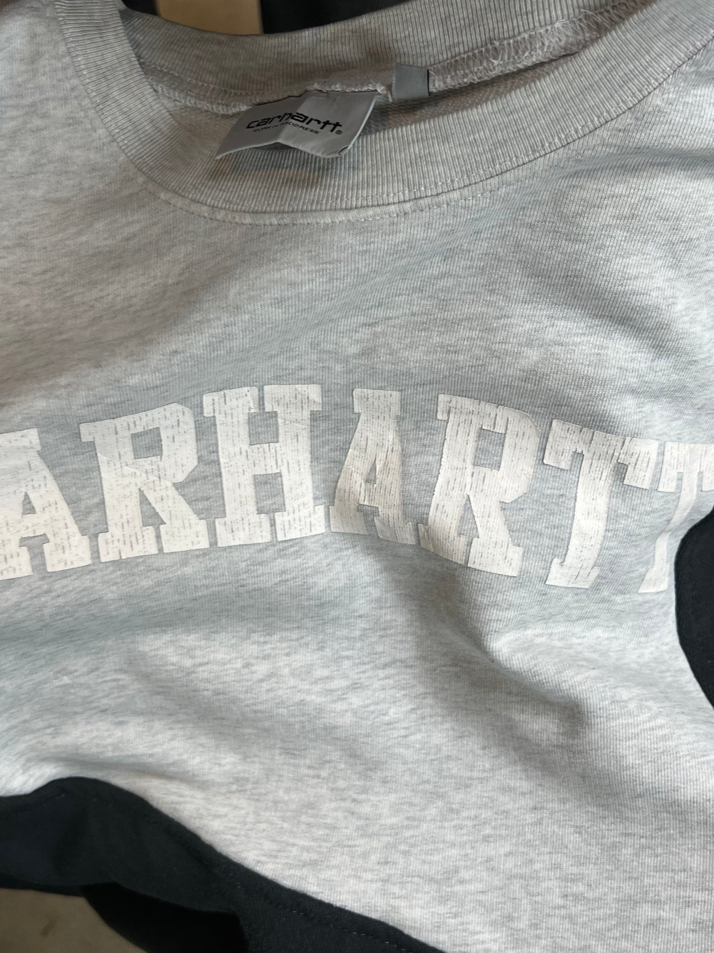 BLACK GREY VINTAGE CARHARTT SPELLOUT RENEWED UPCYCLED SWEATSHIRT (SMALL)