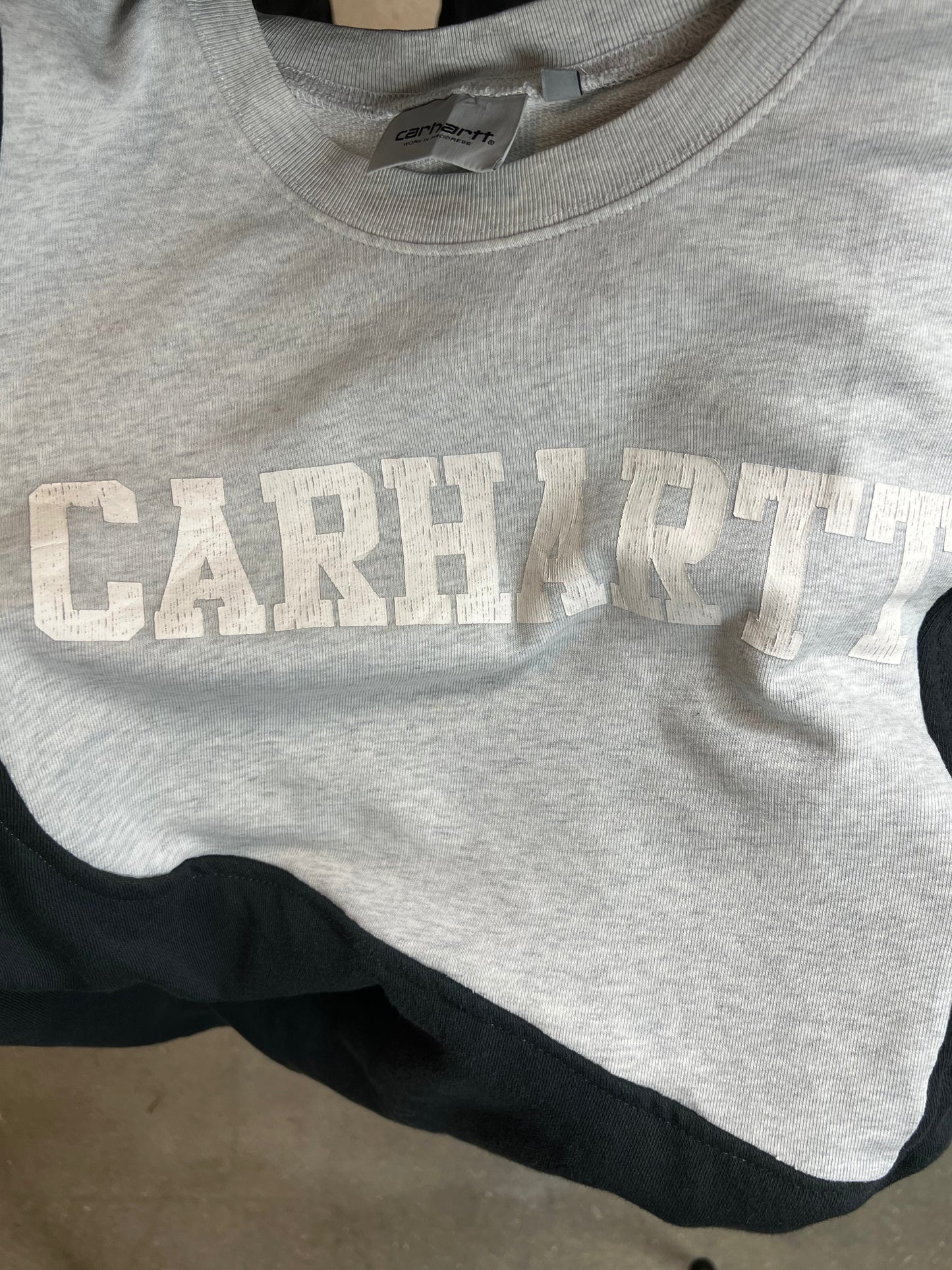 BLACK GREY VINTAGE CARHARTT SPELLOUT RENEWED UPCYCLED SWEATSHIRT (SMALL)