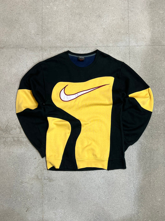 BLACK YELLOW VINTAGE NIKE BIG SWOOSH LOGO RENEWED UPCYCLED  SWEATSHIRT (XS)