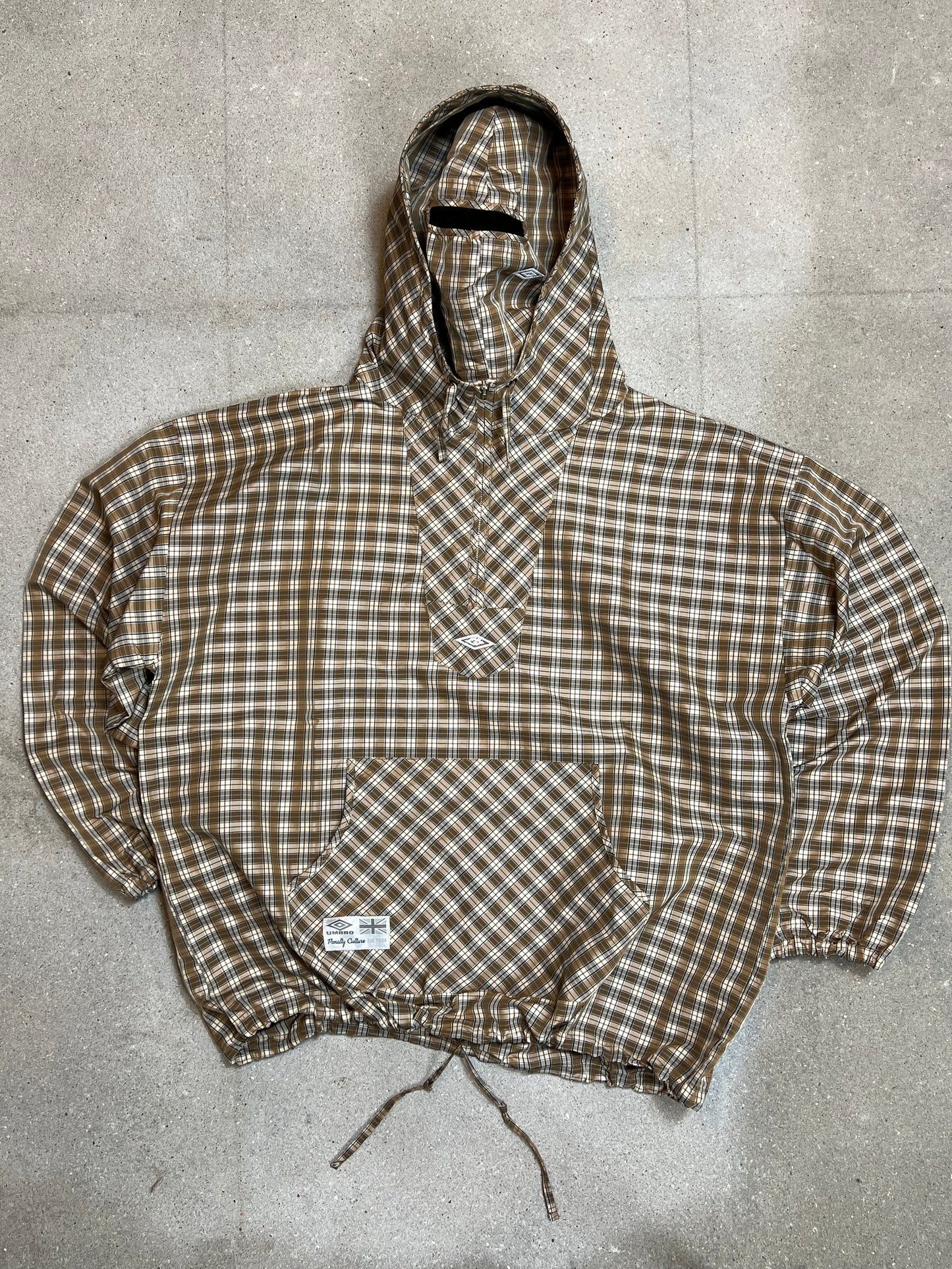 BROWN BEIGE UMBRO x SLAM JAM MASKED HOOD PLAID OVERSHIRT (XLARGE) (DEADSTOCK) (NEW WITH TAGS)