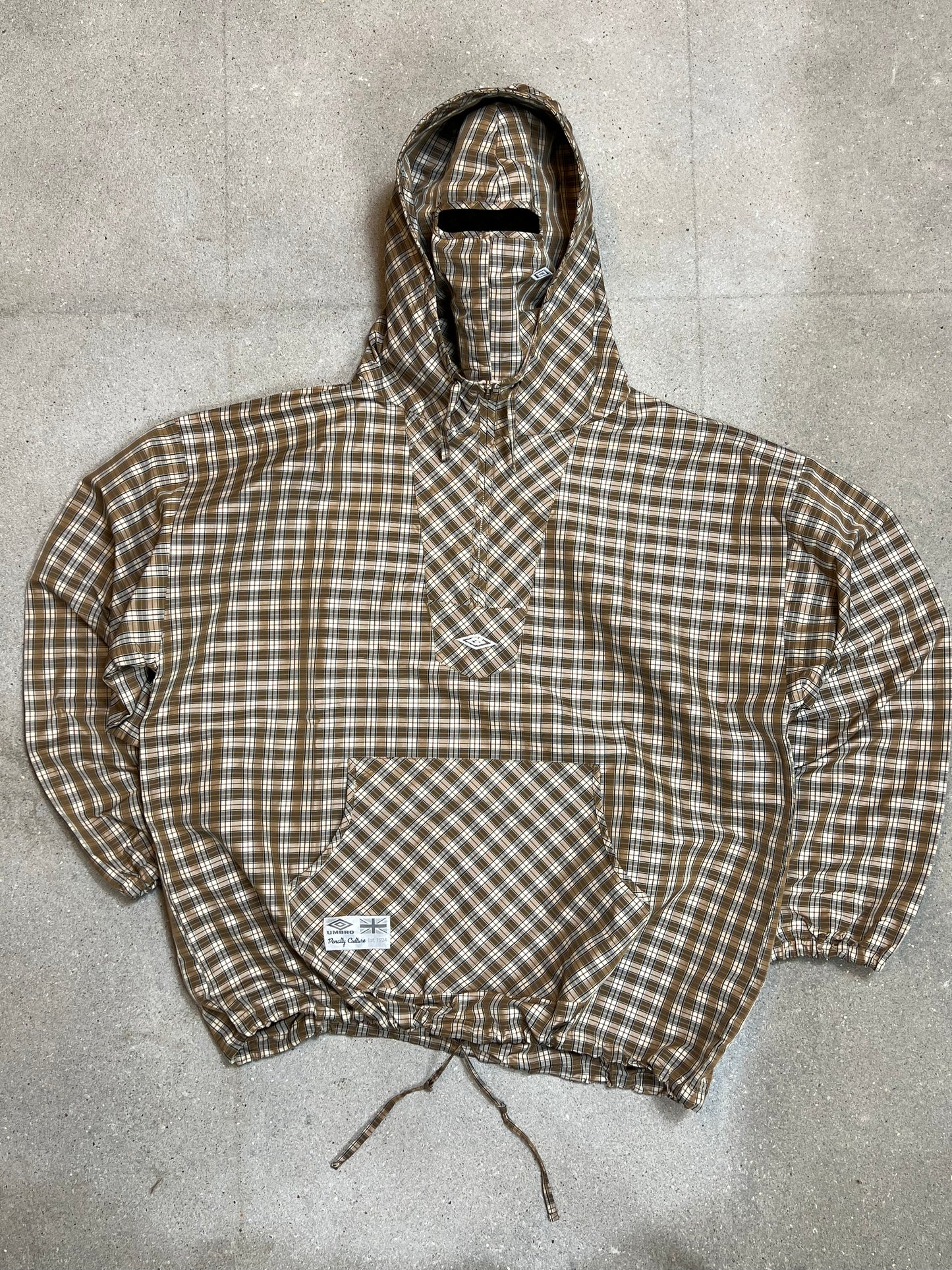 BROWN BEIGE UMBRO x SLAM JAM MASKED HOOD PLAID OVERSHIRT (XLARGE) (DEADSTOCK) (NEW WITH TAGS)