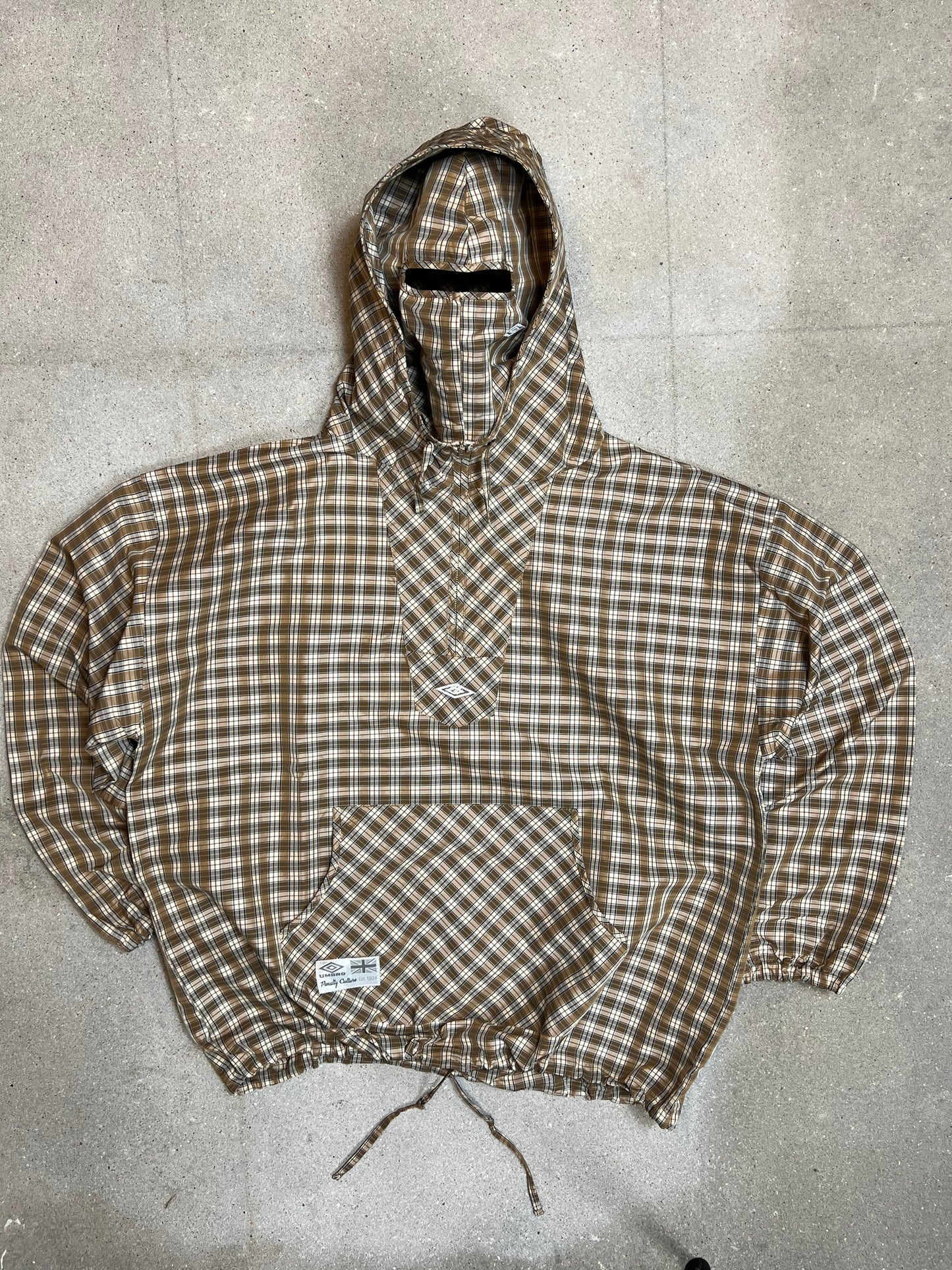 BROWN BEIGE UMBRO x SLAM JAM MASKED HOOD PLAID OVERSHIRT (XLARGE) (DEADSTOCK) (NEW WITH TAGS)