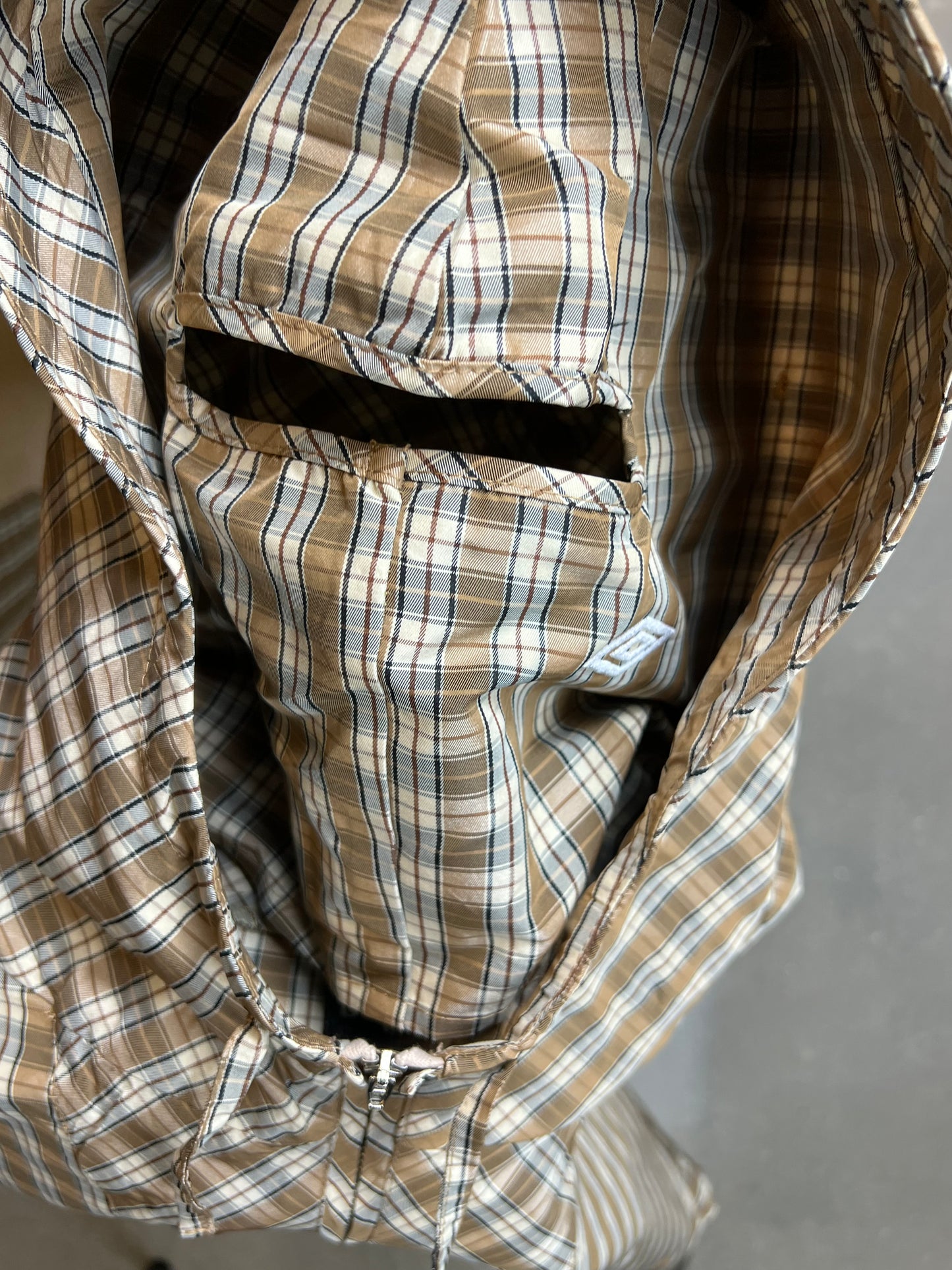 BROWN BEIGE UMBRO x SLAM JAM MASKED HOOD PLAID OVERSHIRT (XLARGE) (DEADSTOCK) (NEW WITH TAGS)