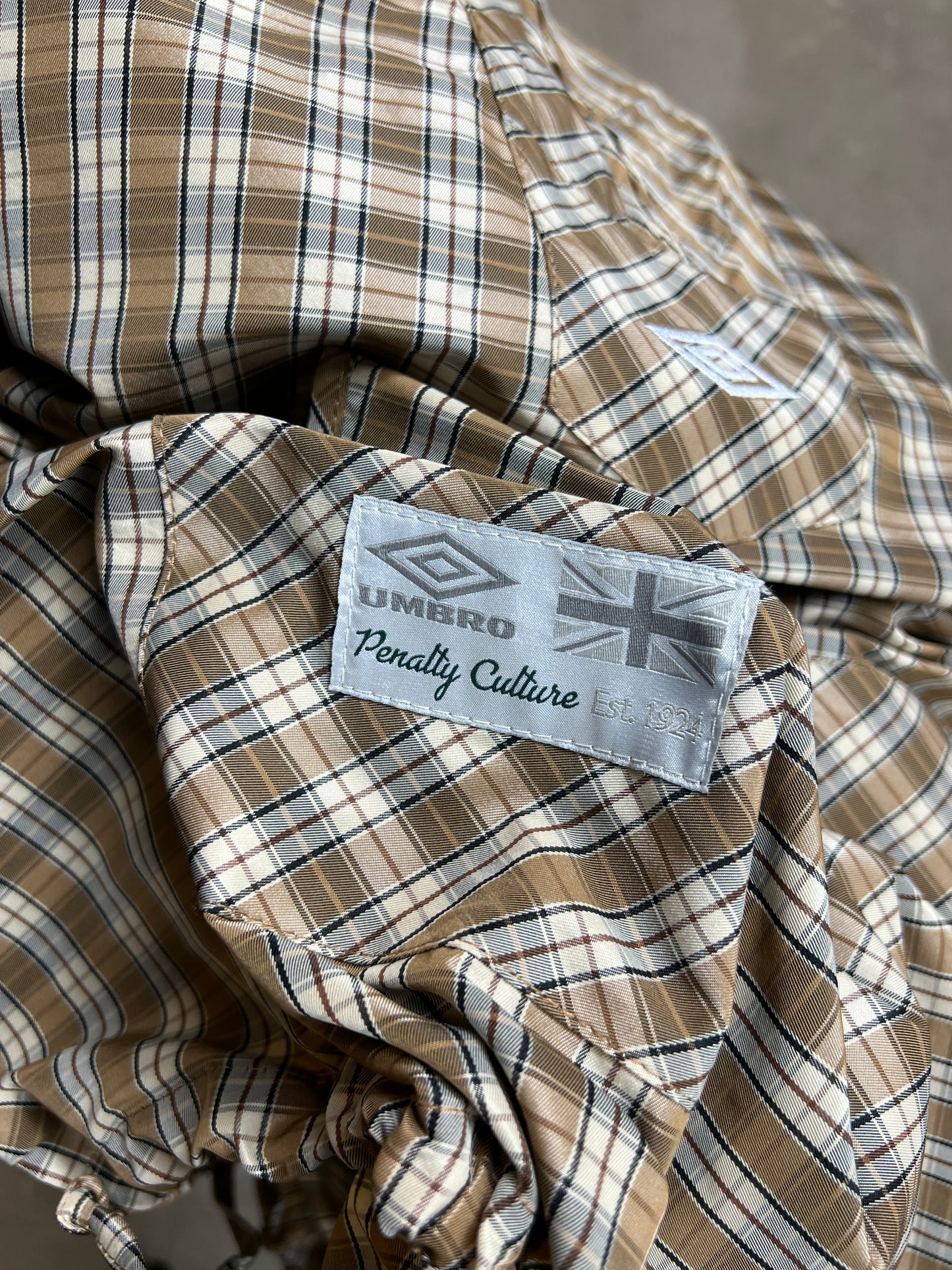 BROWN BEIGE UMBRO x SLAM JAM MASKED HOOD PLAID OVERSHIRT (XLARGE) (DEADSTOCK) (NEW WITH TAGS)