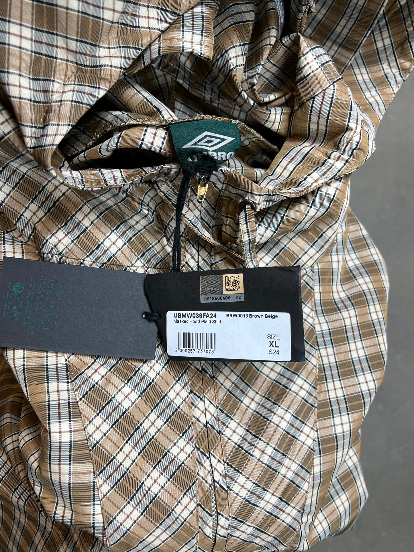 BROWN BEIGE UMBRO x SLAM JAM MASKED HOOD PLAID OVERSHIRT (XLARGE) (DEADSTOCK) (NEW WITH TAGS)