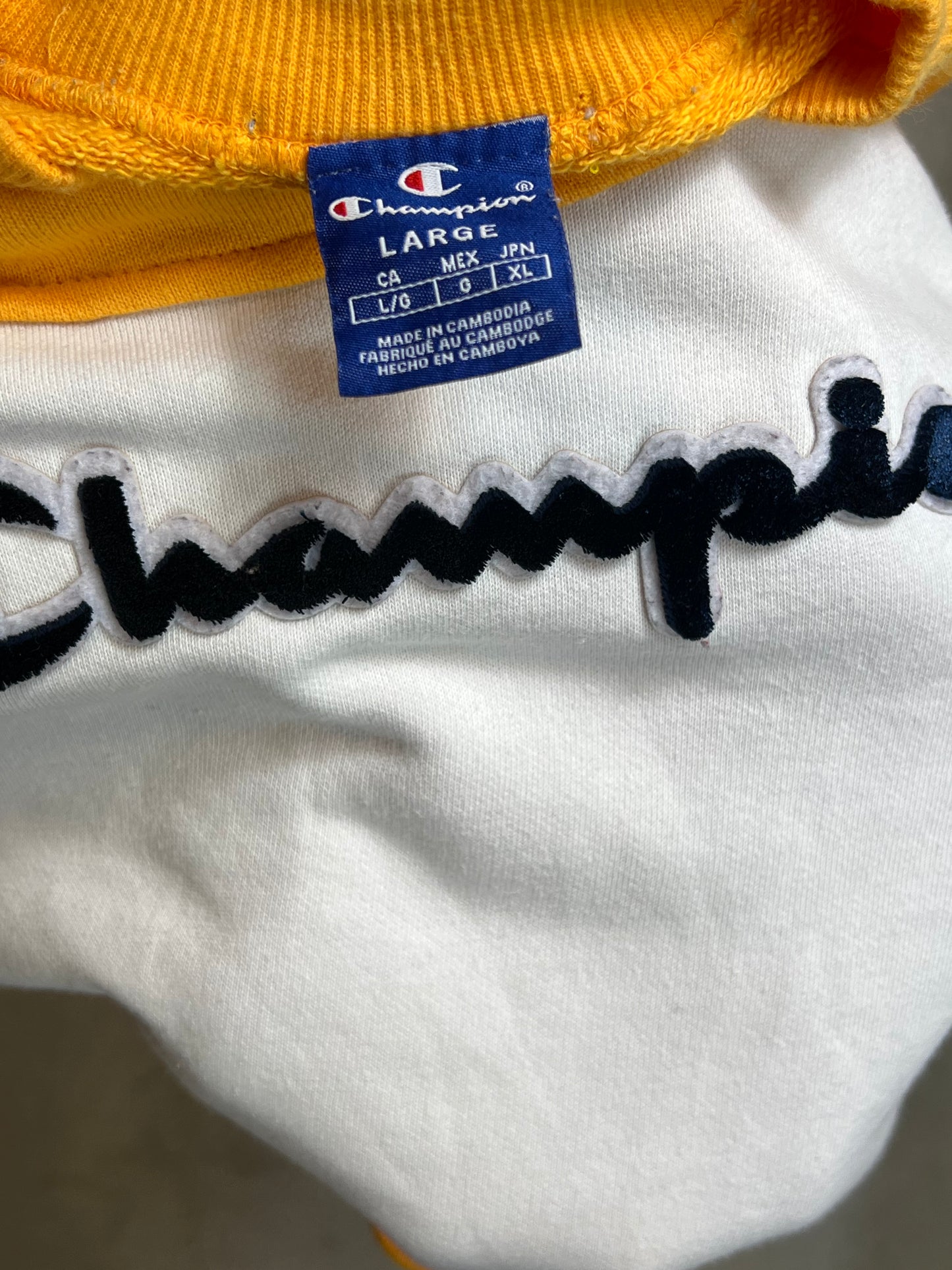 WHITE YELLOW VINTAGE CHAMPION RENEWED UPCYCLED SWEATSHIRT (MEDIUM)