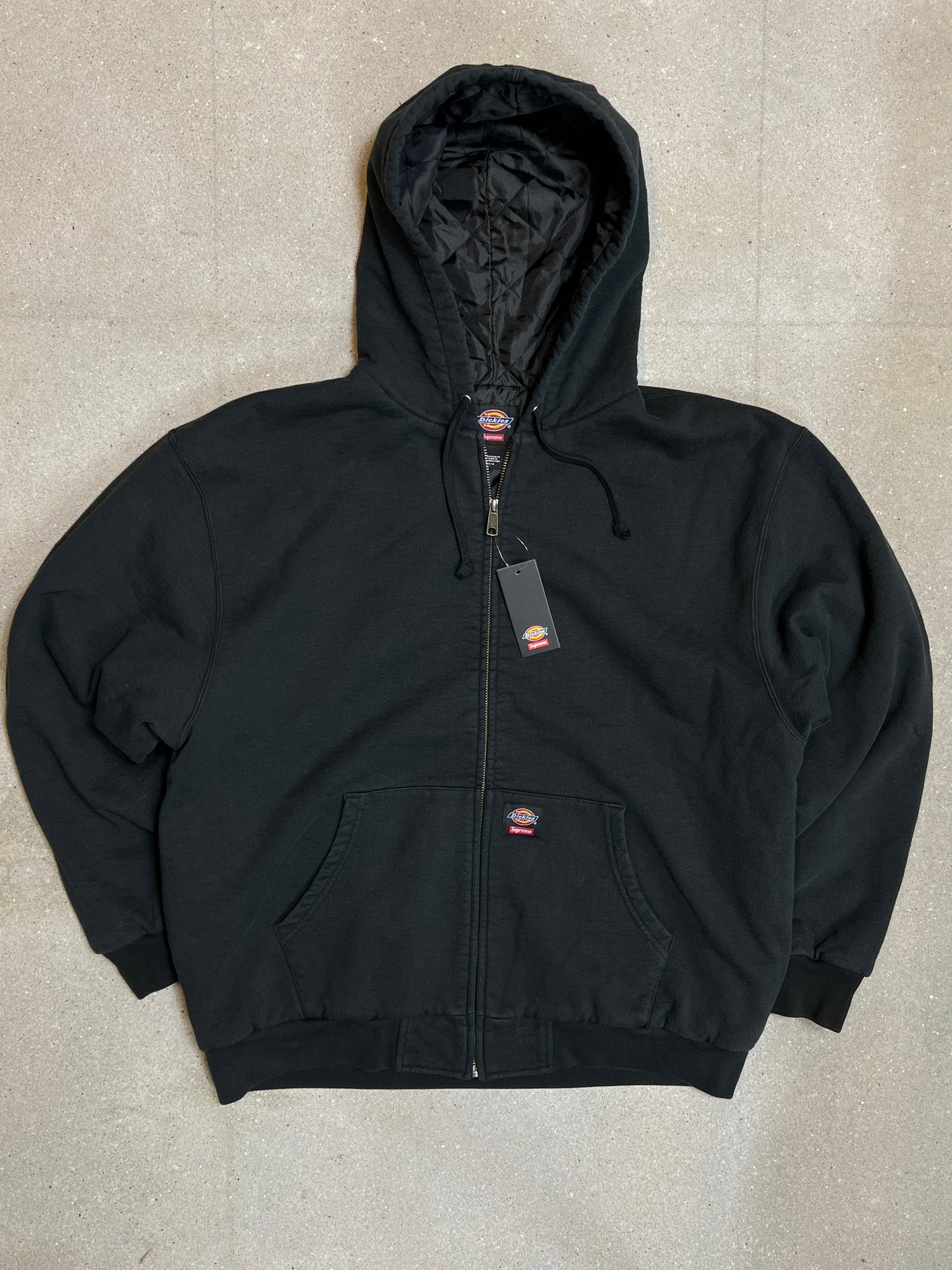 WASHED BLACK SUPREME ® x DICKIES ® QUILTED LINED ZIP UP HOODED SWEATSHIRT HEAVYWEIGHT (LARGE)