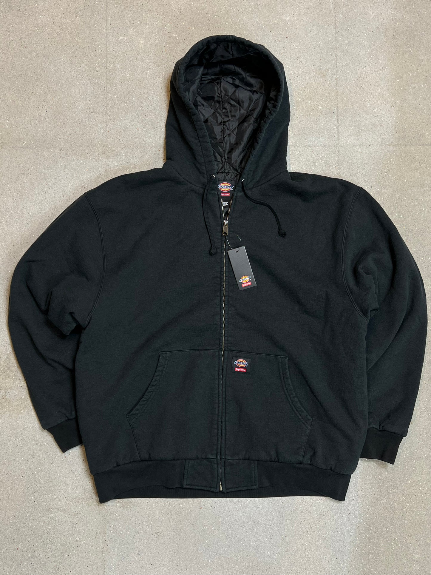 WASHED BLACK SUPREME ® x DICKIES ® QUILTED LINED ZIP UP HOODED SWEATSHIRT HEAVYWEIGHT (LARGE)
