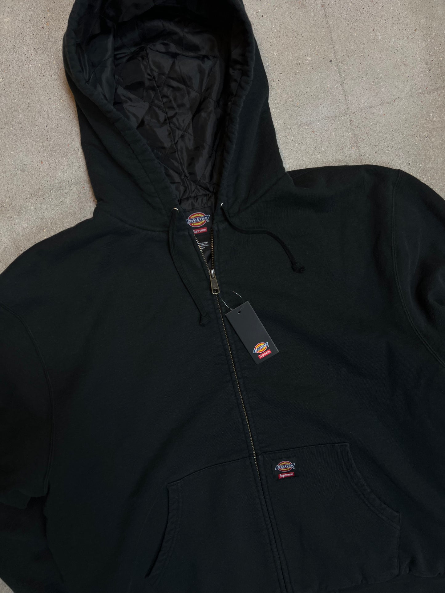 WASHED BLACK SUPREME ® x DICKIES ® QUILTED LINED ZIP UP HOODED SWEATSHIRT HEAVYWEIGHT (LARGE)