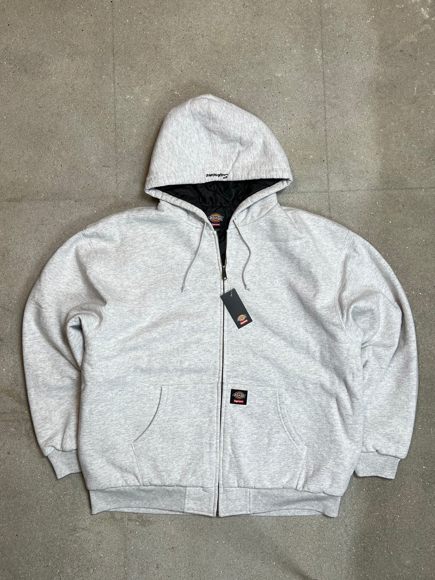 ASH GREY SUPREME ® x DICKIES ® QUILTED LINED ZIP UP HOODED SWEATSHIRT HEAVYWEIGHT (XLARGE)