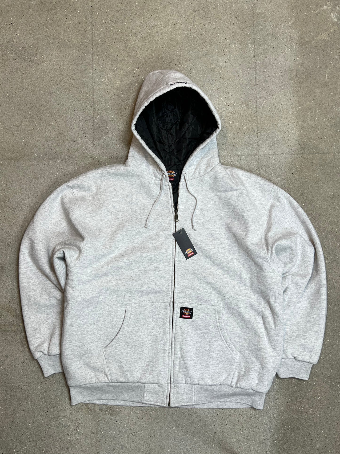 ASH GREY SUPREME ® x DICKIES ® QUILTED LINED ZIP UP HOODED SWEATSHIRT HEAVYWEIGHT (XLARGE)