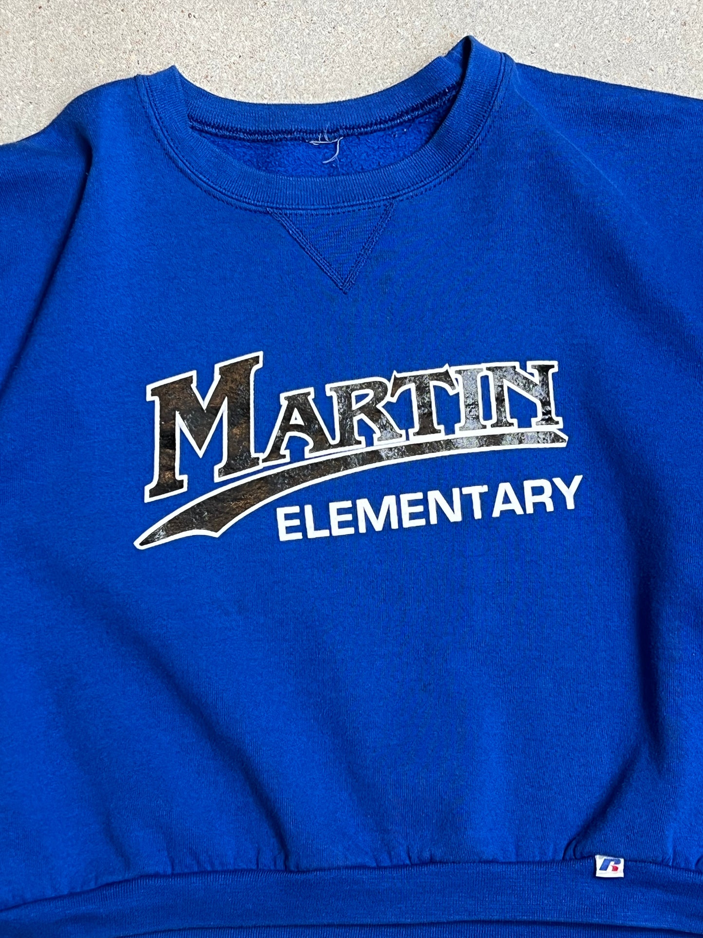 Blue Martin Elementary Cropped Varsity Sweatshirt (womens L) (boxy)