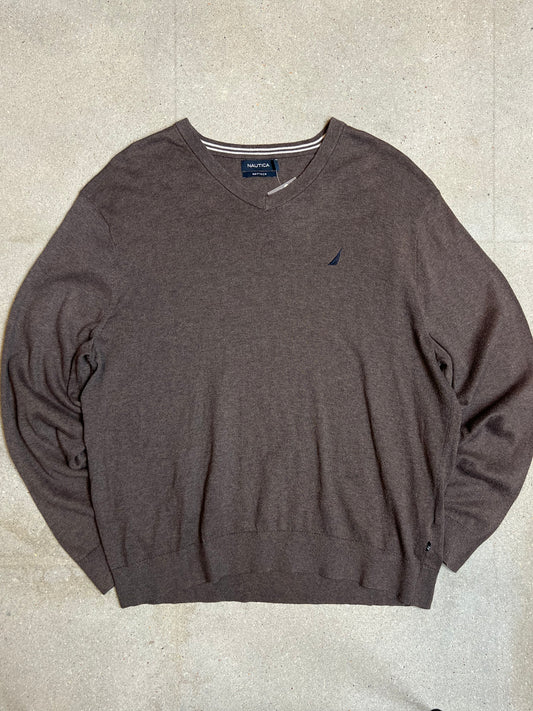 Brown Nautica Navtech V-neck cotton knit (XL) used / vintage