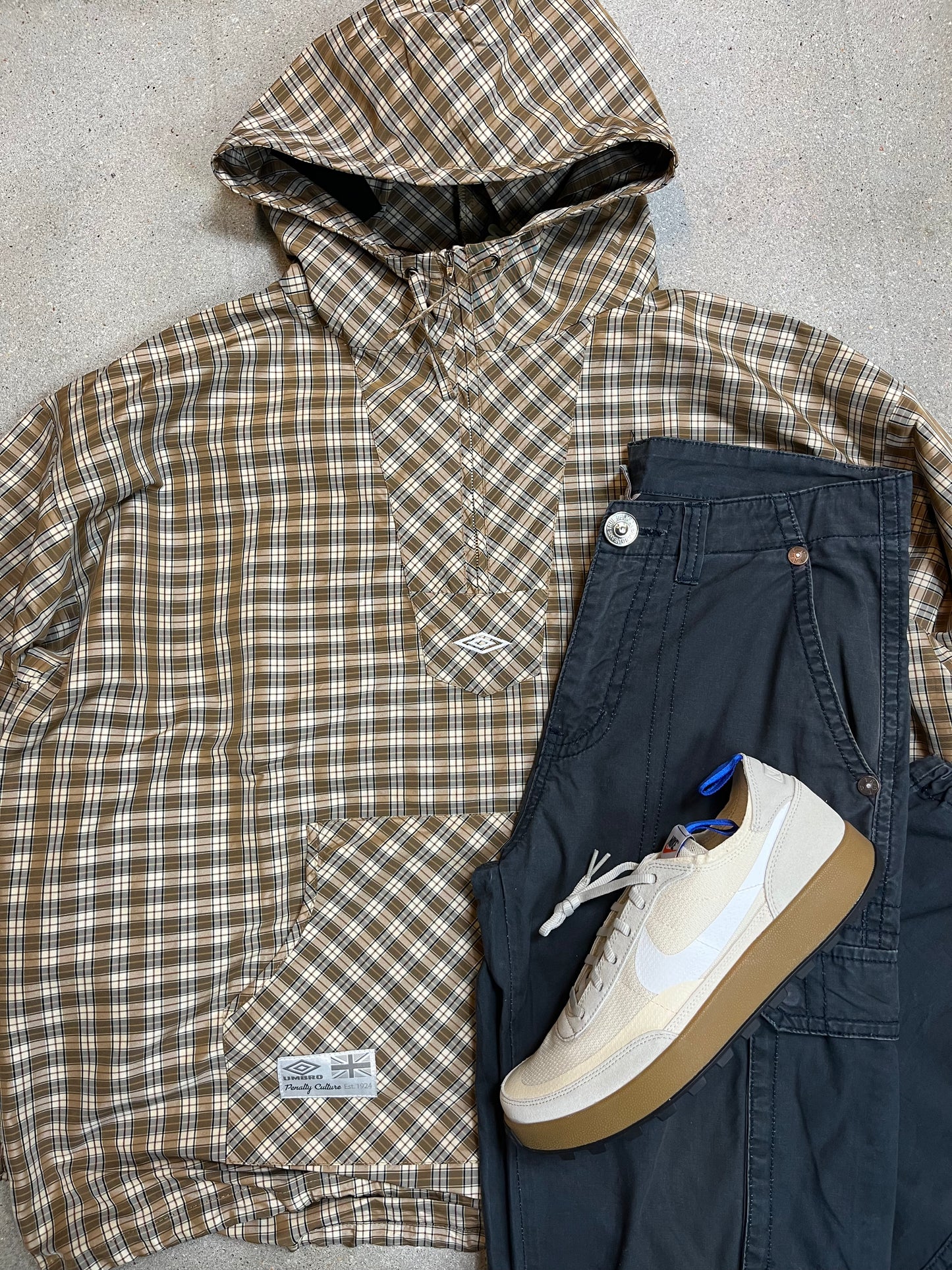 BROWN BEIGE UMBRO x SLAM JAM MASKED HOOD PLAID OVERSHIRT (XLARGE) (DEADSTOCK) (NEW WITH TAGS)