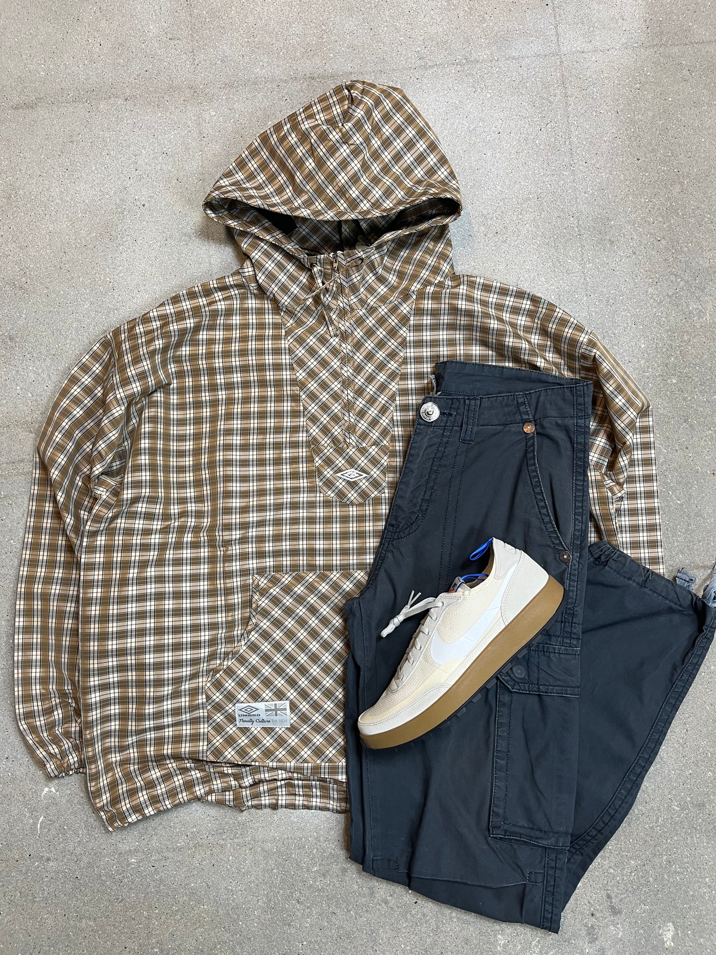 BROWN BEIGE UMBRO x SLAM JAM MASKED HOOD PLAID OVERSHIRT (XLARGE) (DEADSTOCK) (NEW WITH TAGS)