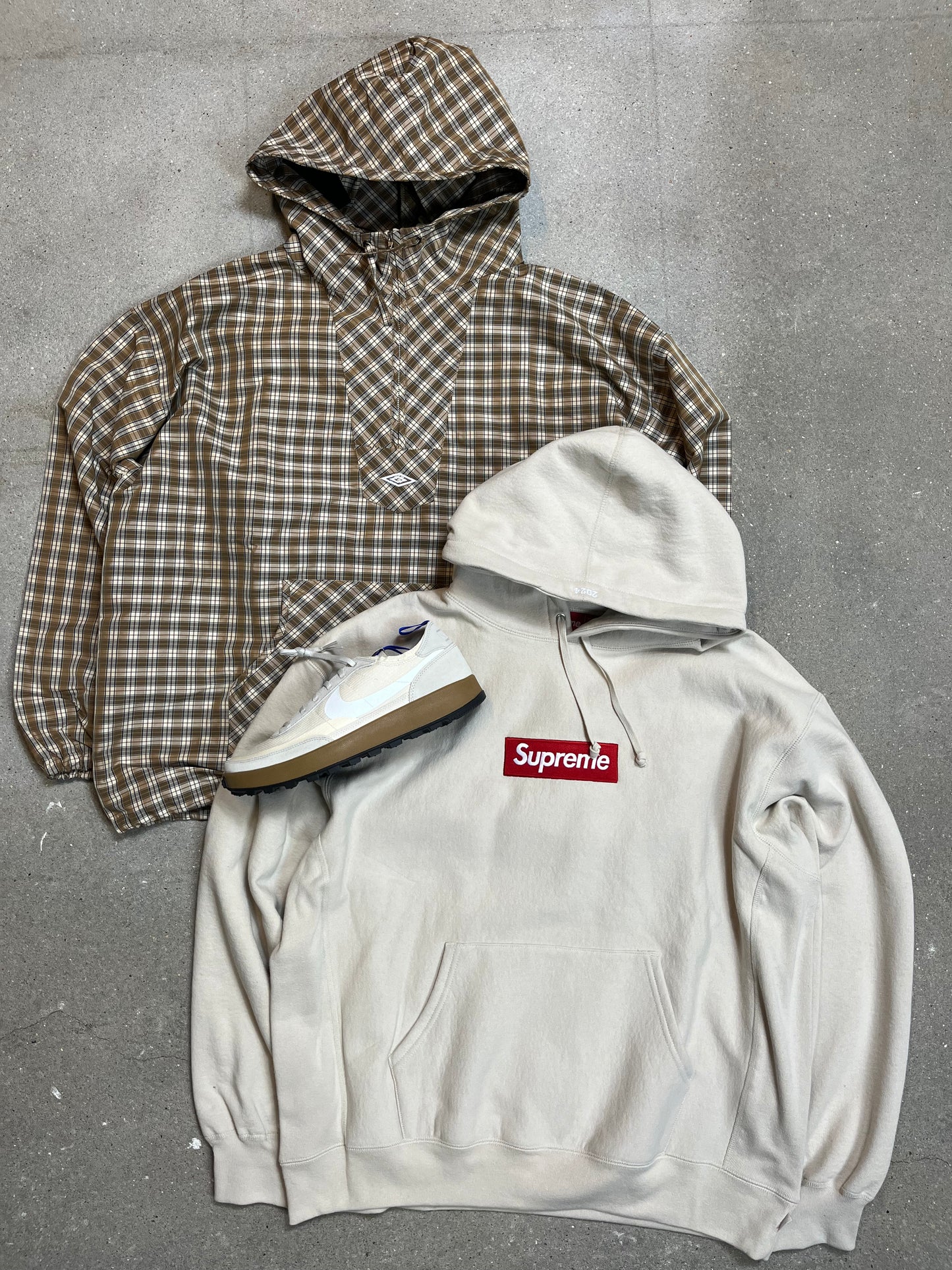 BROWN BEIGE UMBRO x SLAM JAM MASKED HOOD PLAID OVERSHIRT (XLARGE) (DEADSTOCK) (NEW WITH TAGS)