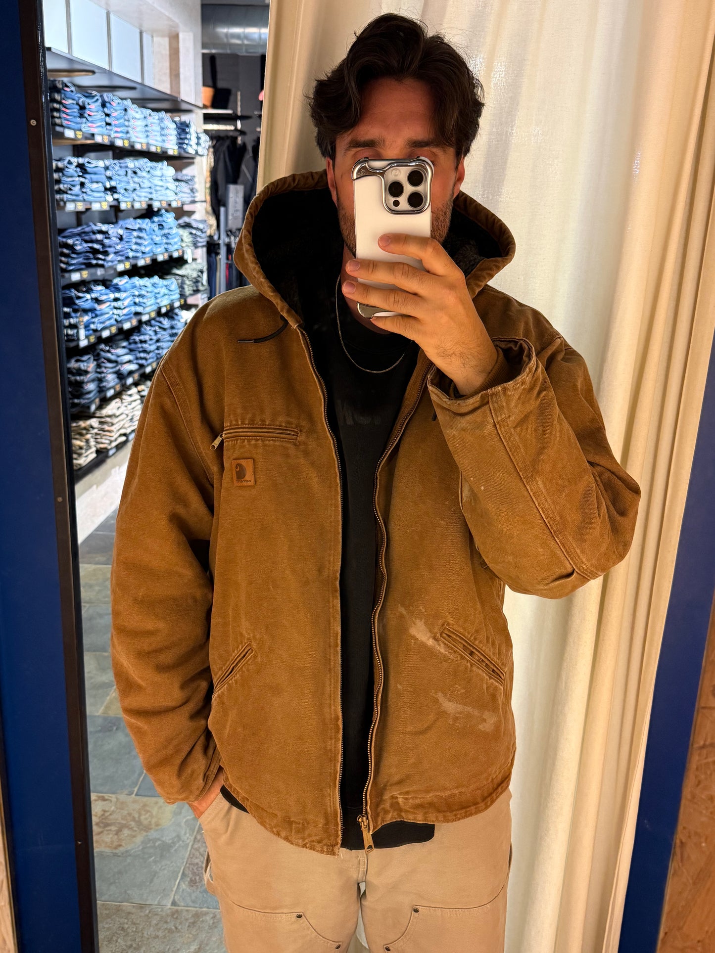 1990s Carhartt J141-211 Mens Brown Sherpa Lined Work Hooded Active Jacket (size XL Regular) Made in Mexico