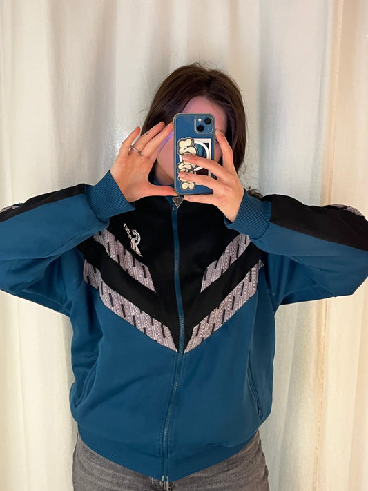 Black Teal Blue 80s Saller vintage oversized Sport zip track jacket (XL)