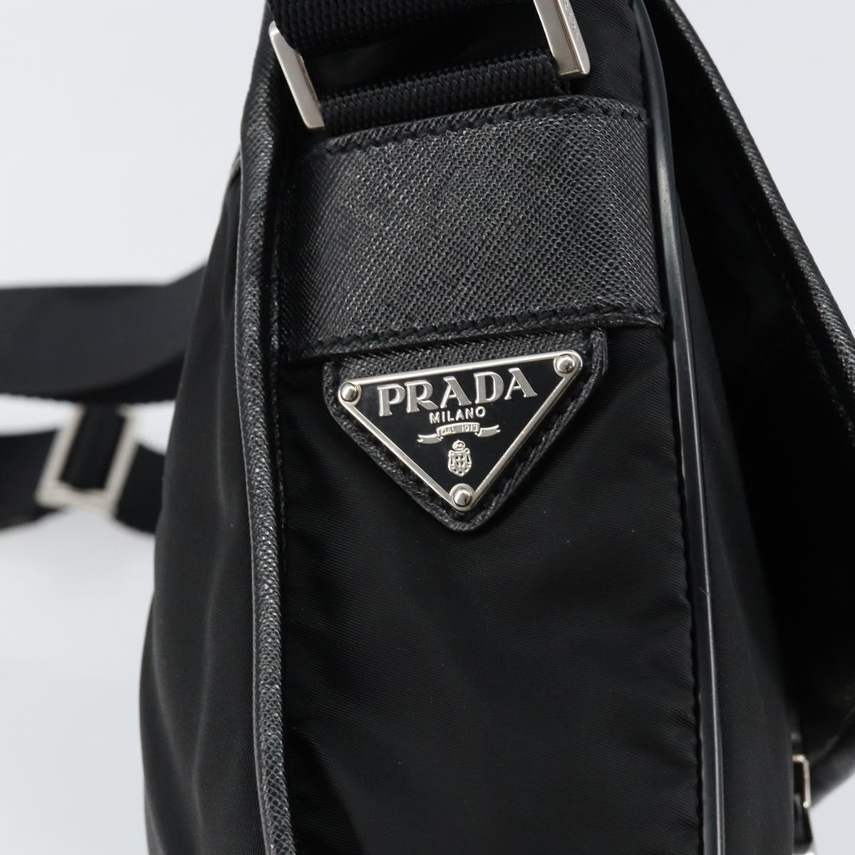 PRADA Schultertasche Nylon Leder Schwarz Silber Auth bs30341