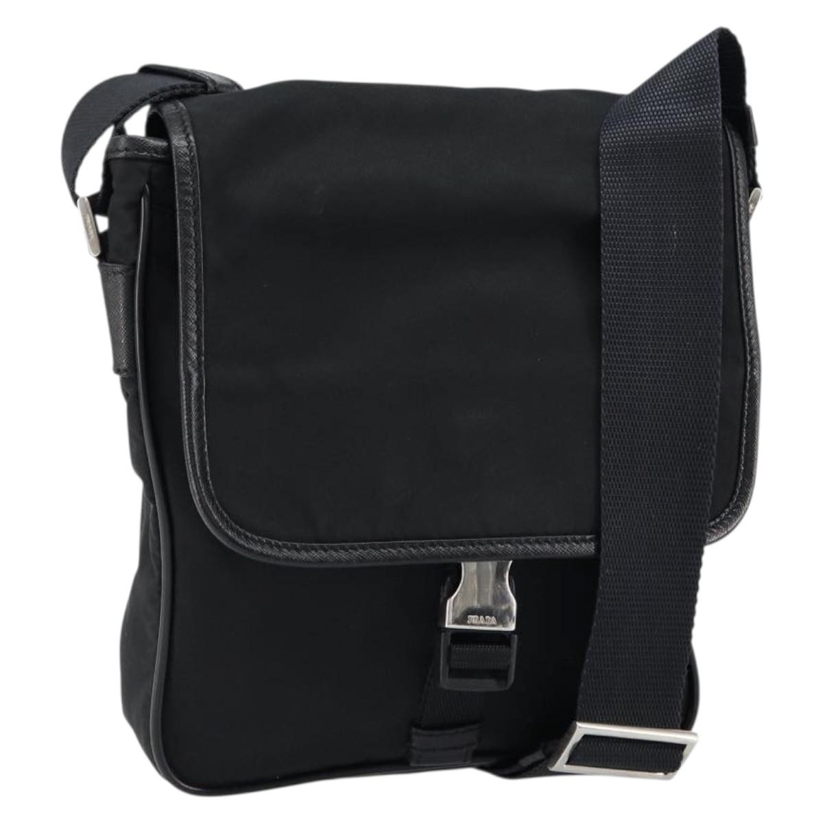 PRADA Schultertasche Nylon Leder Schwarz Silber Auth bs30341