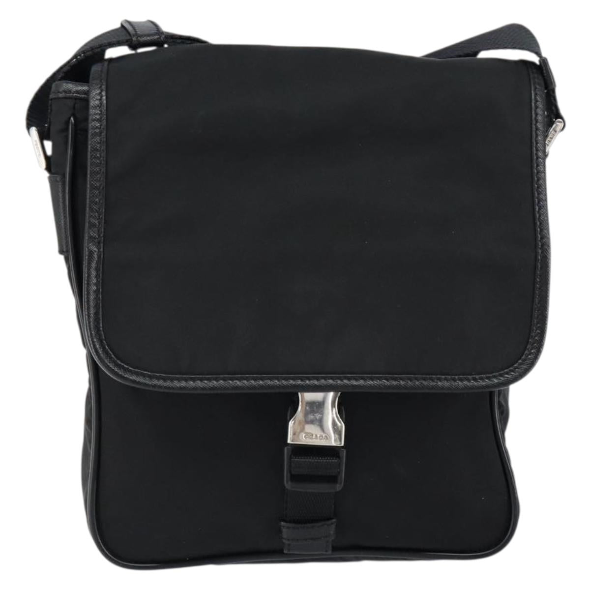 PRADA Schultertasche Nylon Leder Schwarz Silber Auth bs30341