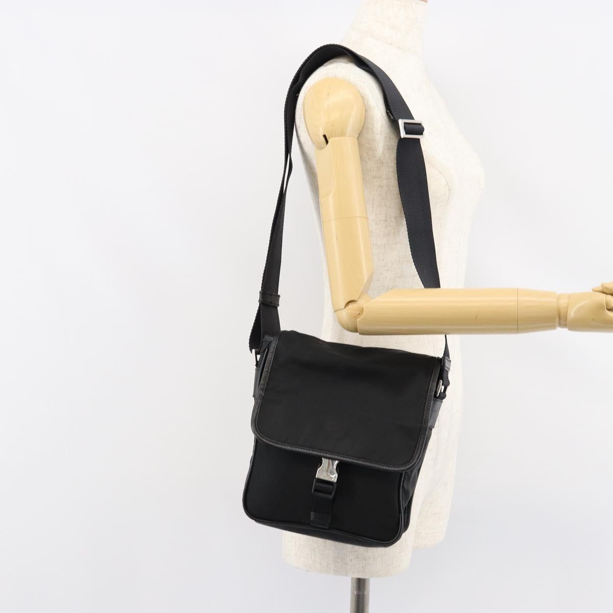 PRADA Schultertasche Nylon Leder Schwarz Silber Auth bs30341