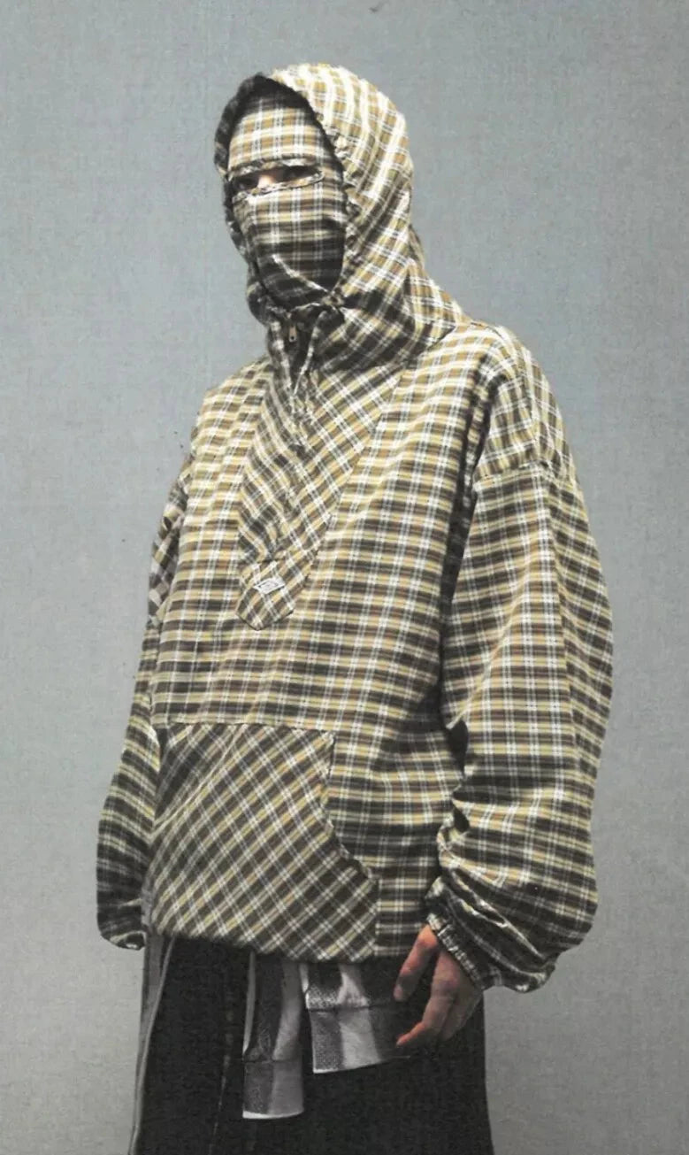 BROWN BEIGE UMBRO x SLAM JAM MASKED HOOD PLAID OVERSHIRT (XLARGE) (DEADSTOCK) (NEW WITH TAGS)