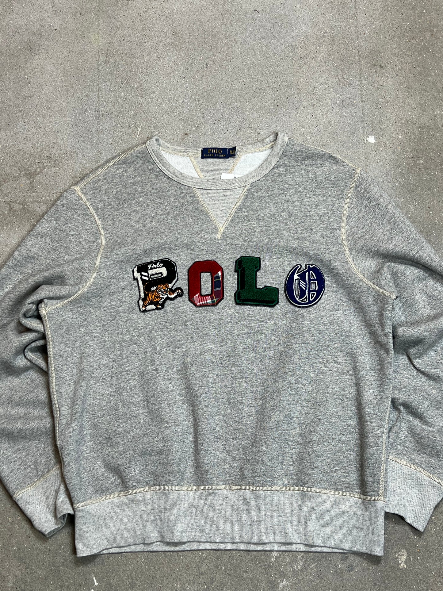 GRAUES VINTAGE RALPH LAUREN POLO SPELLOUT SWEATSHIRT (XL)